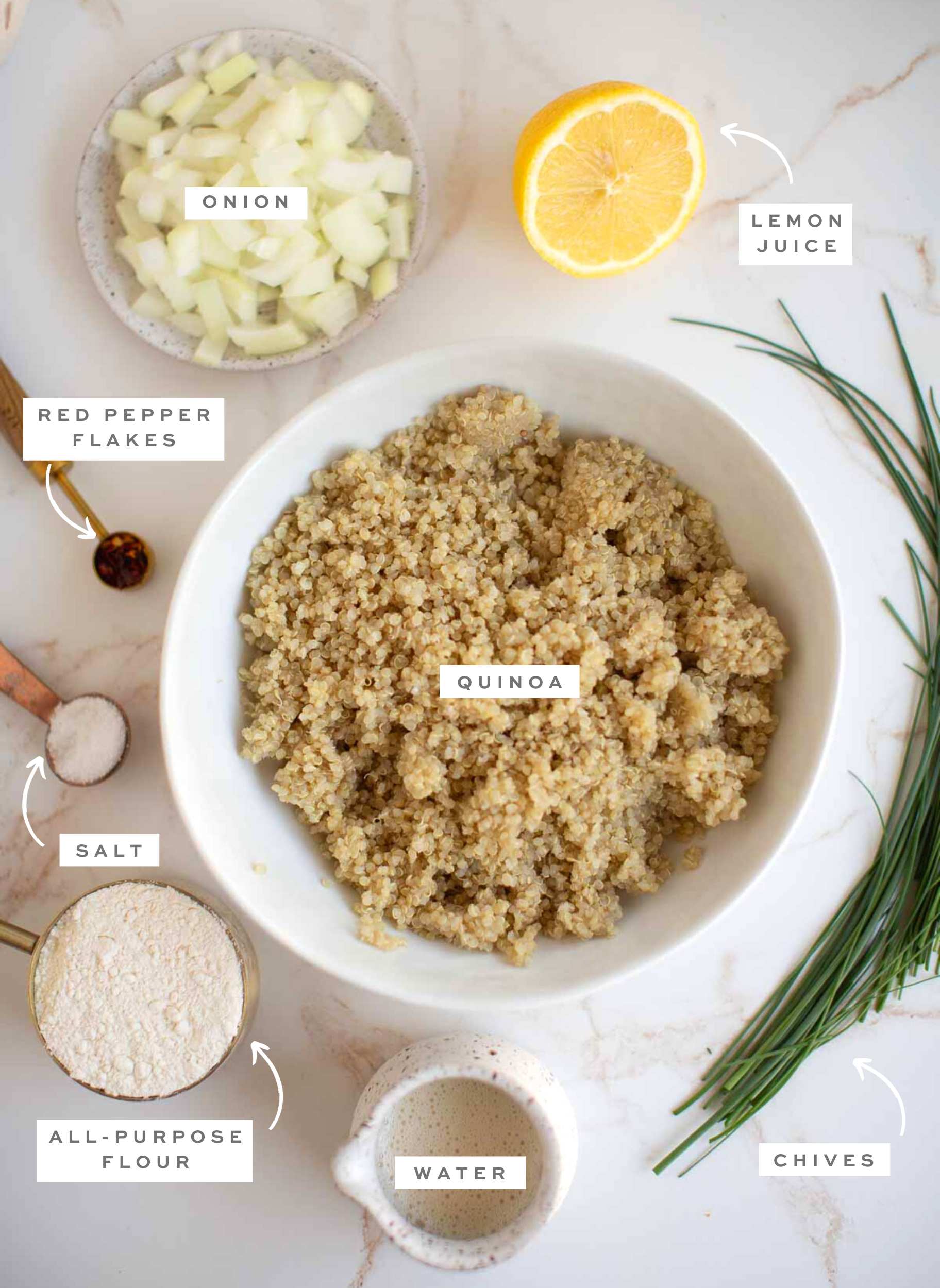 Gathered ingredients for quinoa nuggets with text labels.