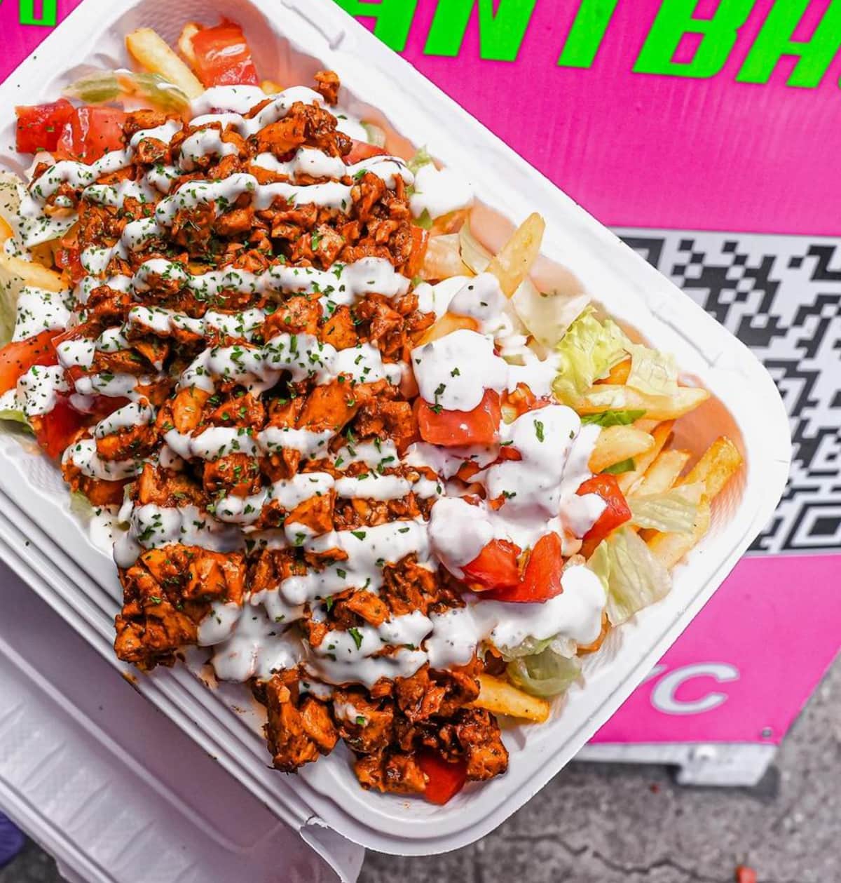 A plate of loaded fries from Vegan On The Fly in New York City.