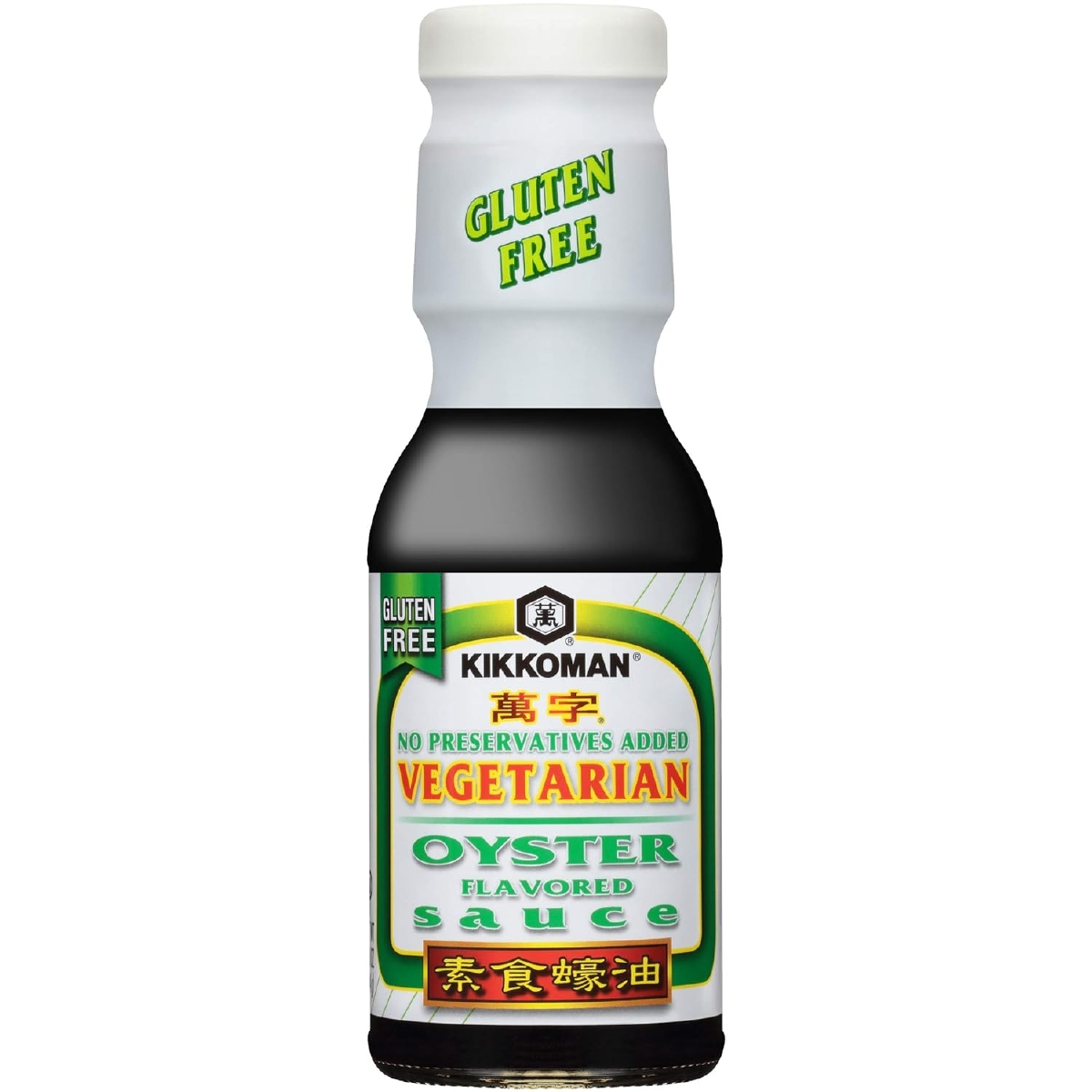 A white and green labeled bottle of Kikkoman vegetarian oyster-flavored sauce with white top on a white background. 