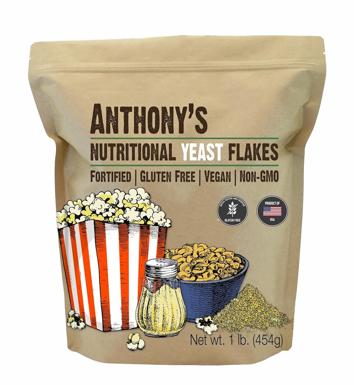 Light brown bag of Anthony's Nutritional Yeast on a white background.