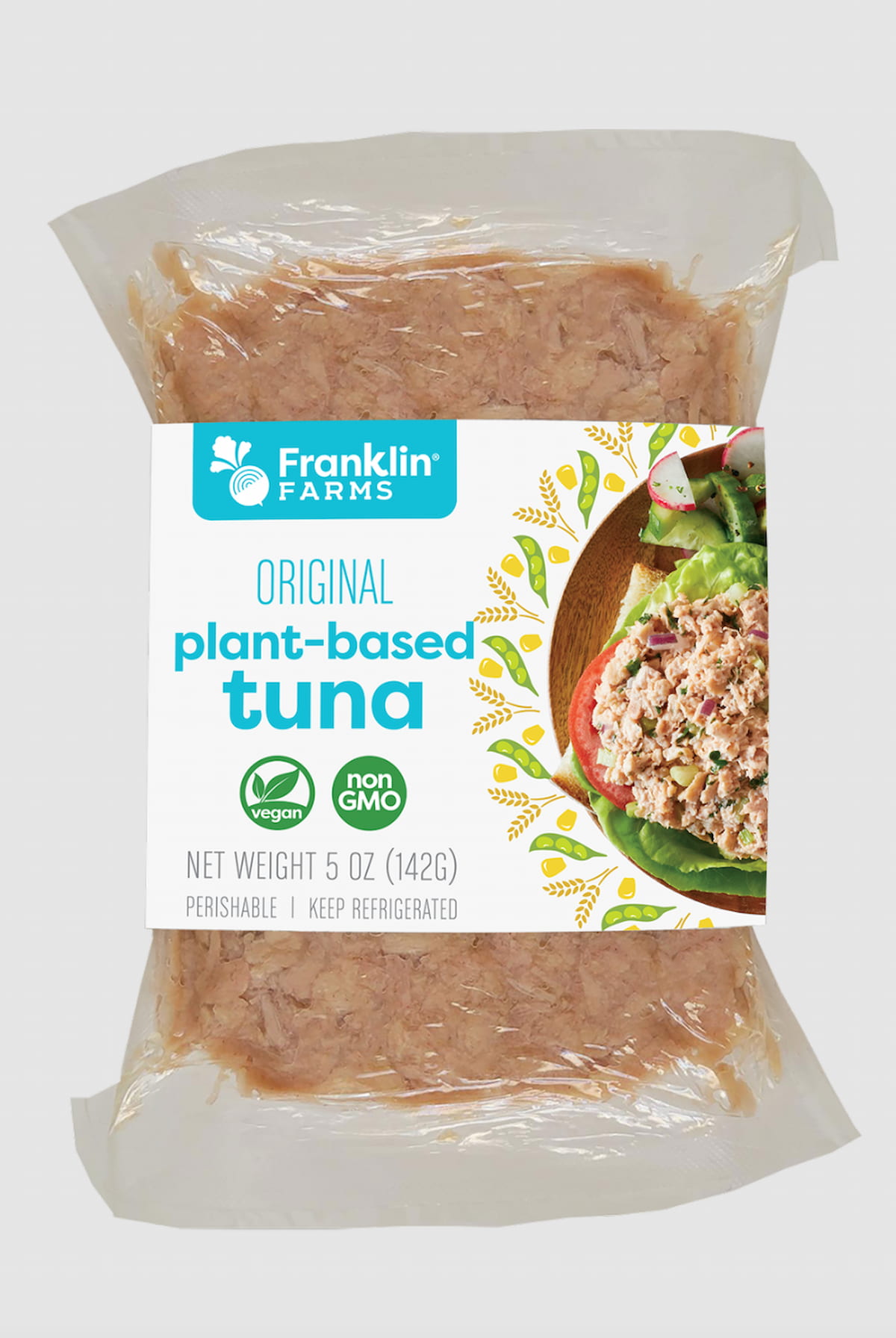 A clear package of Franklin Farms plant-based tuna with white label.