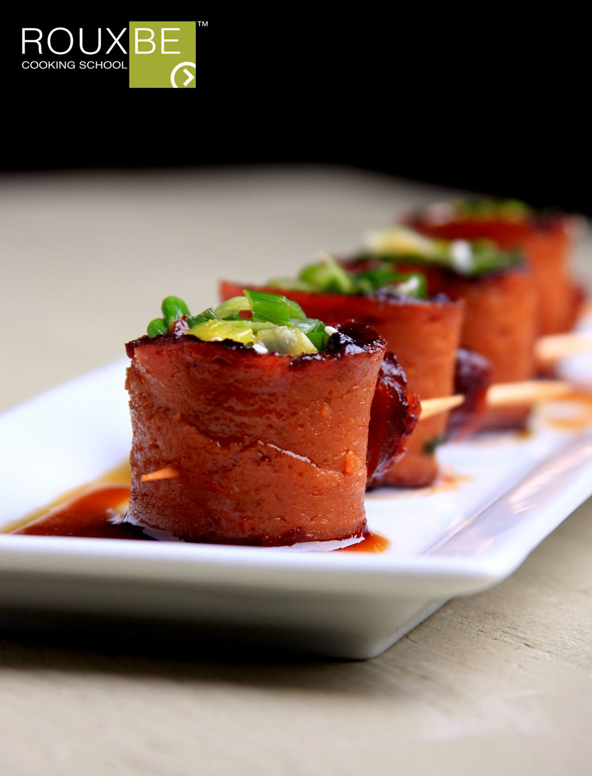 Seitan negimaki from Rouxbe Cooking School vegan cooking classes.