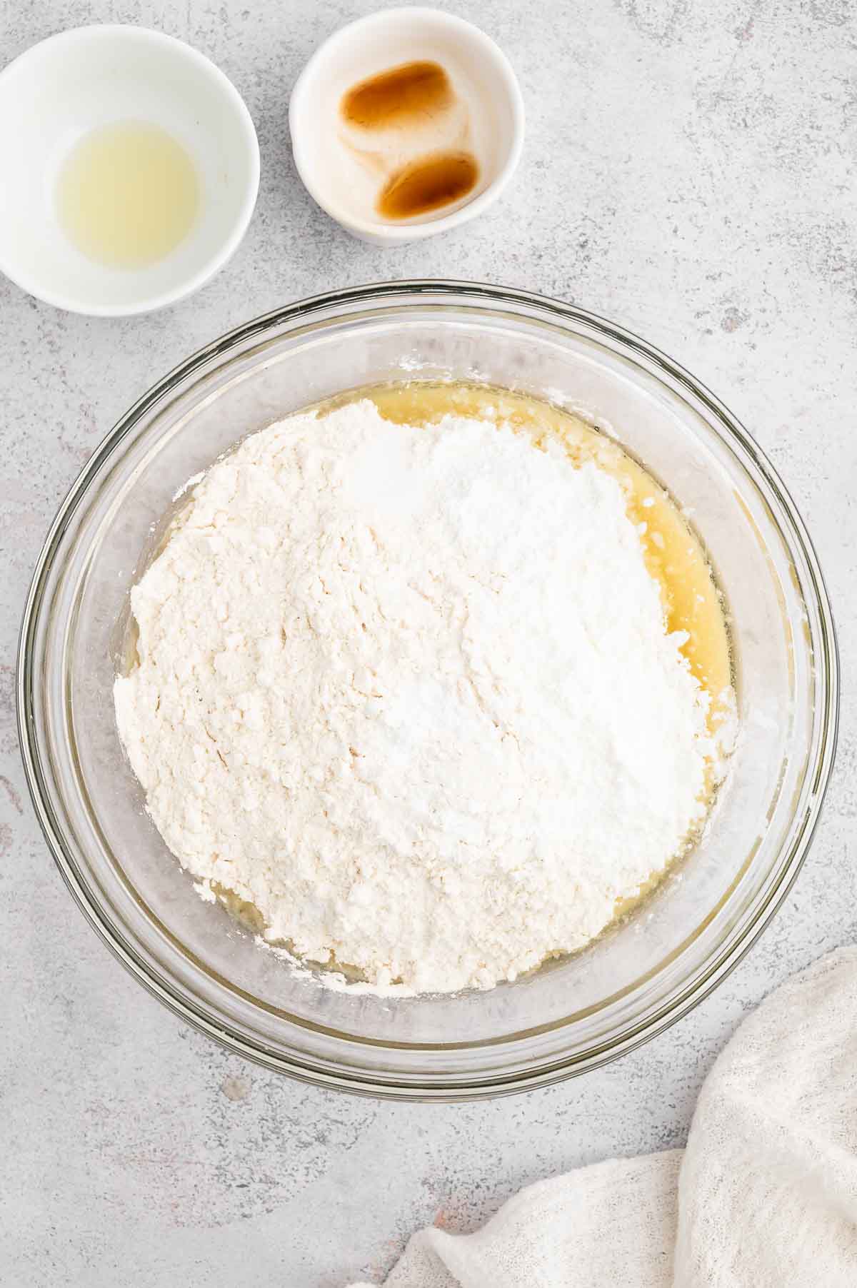 Liquid and flour in a bowl.