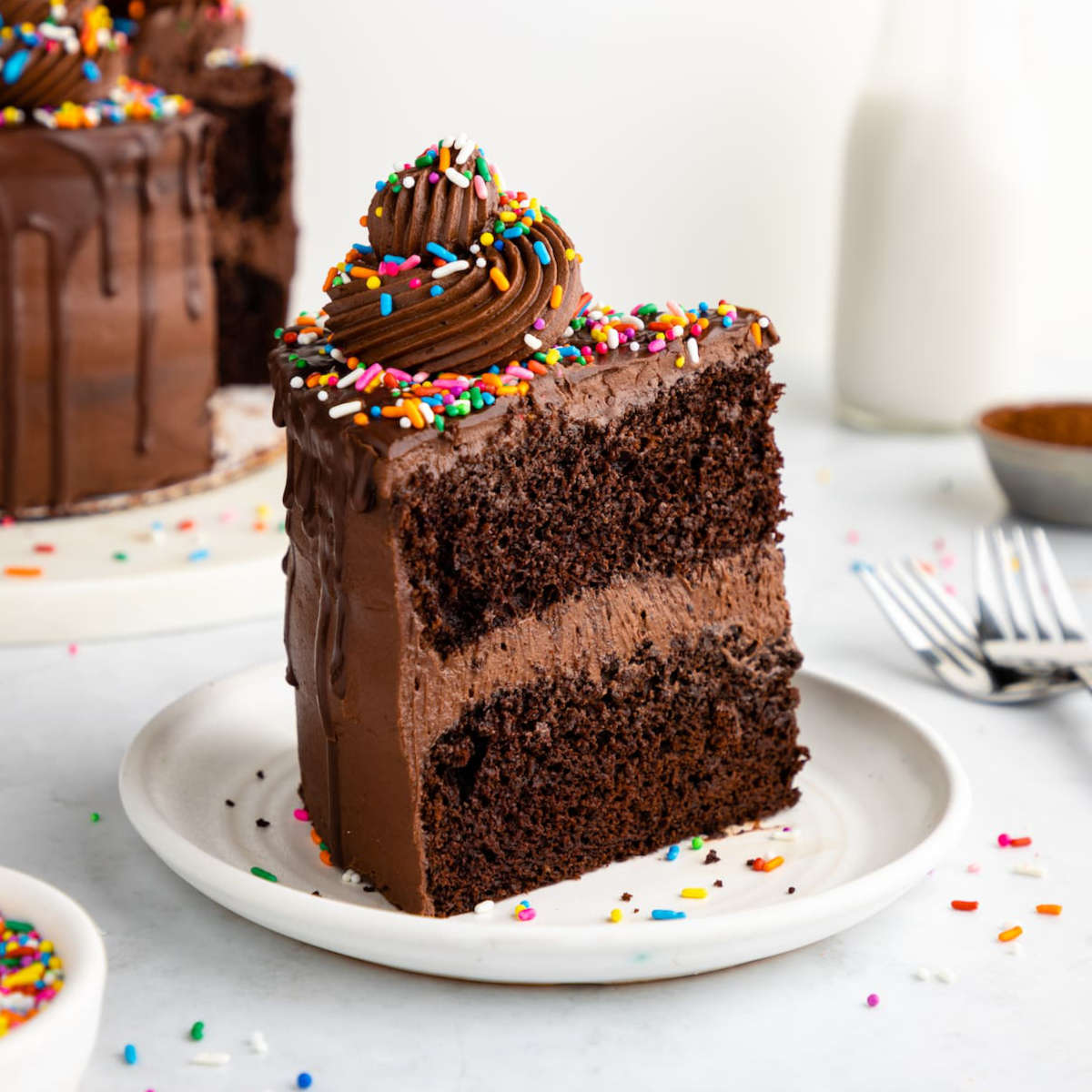 A slice of vegan chocolate cake on a plate.