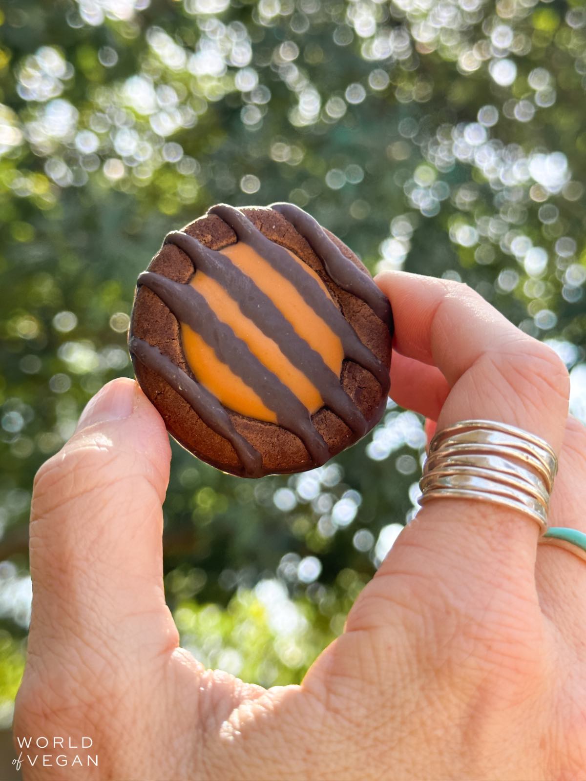 Holding up a vegan Adventurefuls Girl Scouts cookie with caramel and a chocolate drizzle. 