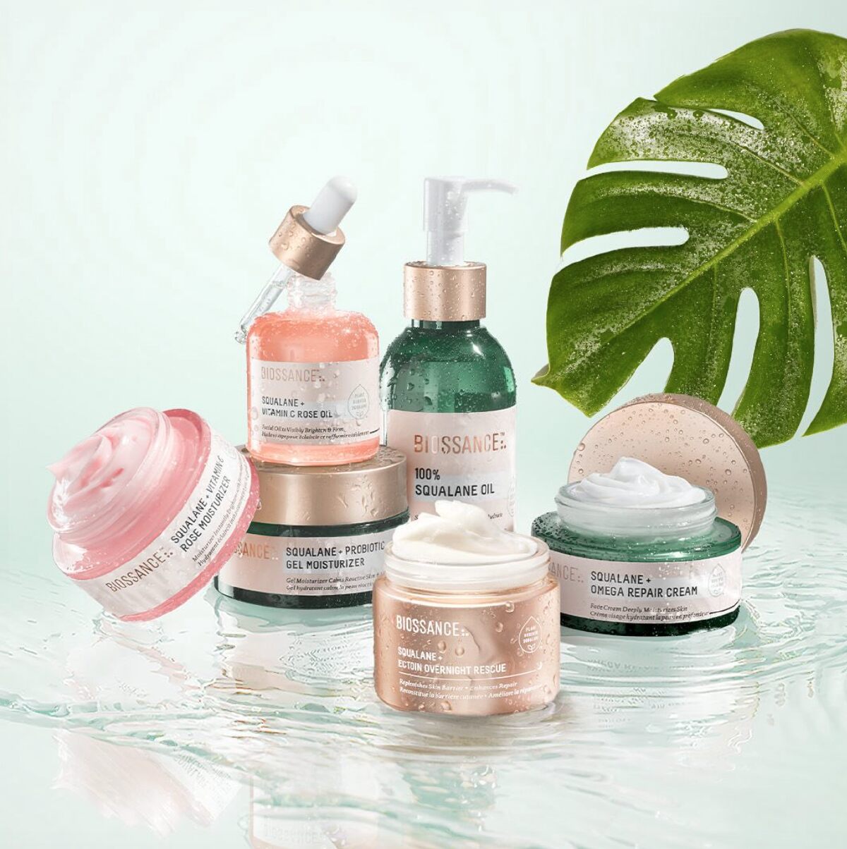 A collection of pink, green and gold skincare products by Biossance on a watery background with a large green Monstera leaf.