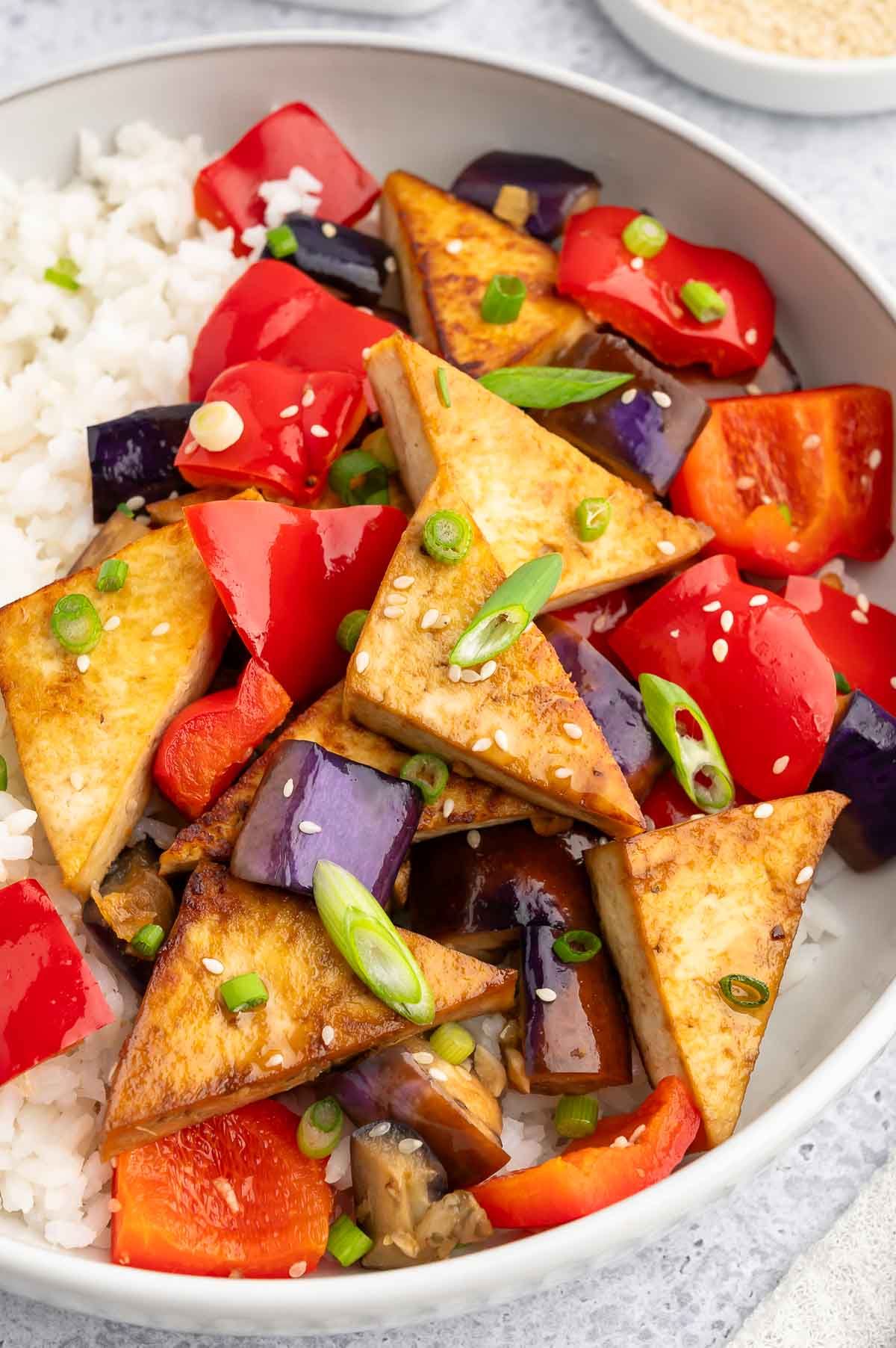 Colorful eggplant tofu with rice.