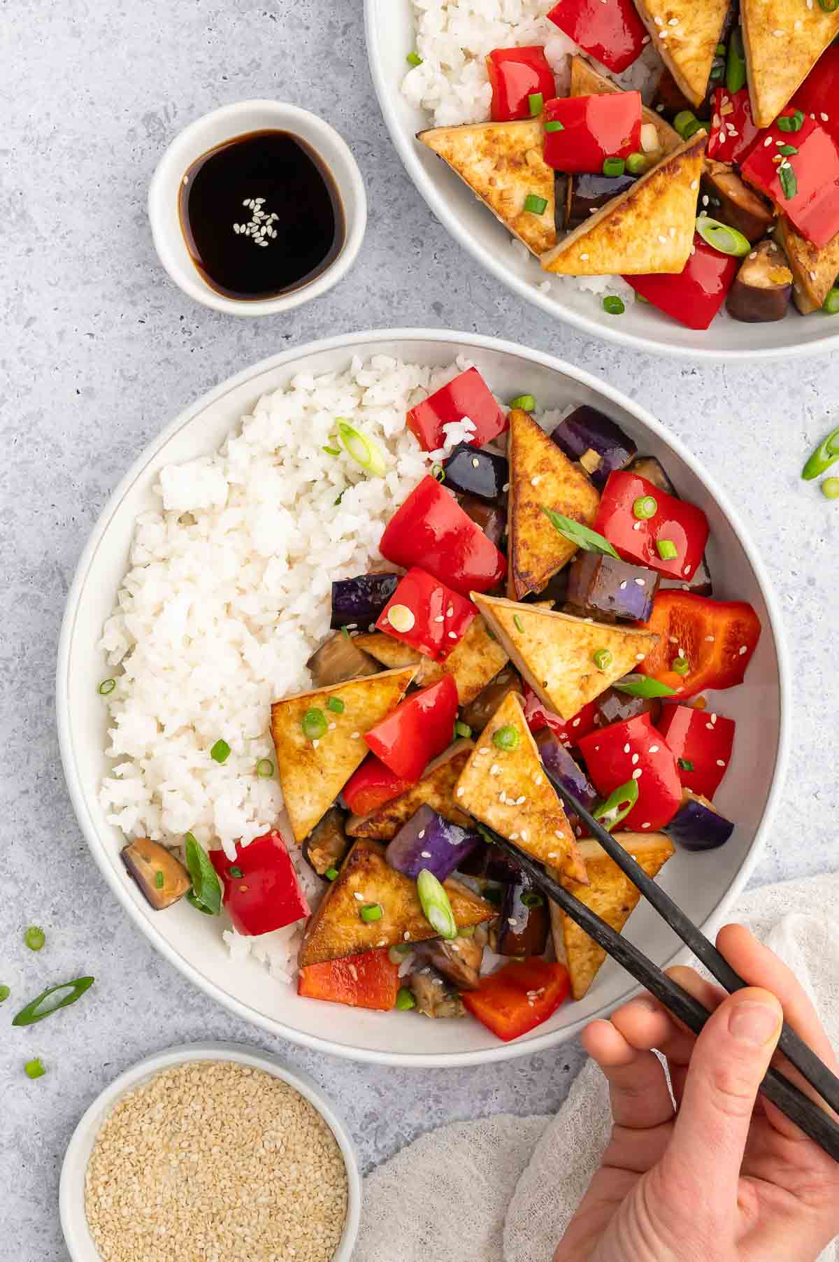 Eggplant tofu with chopsticks.