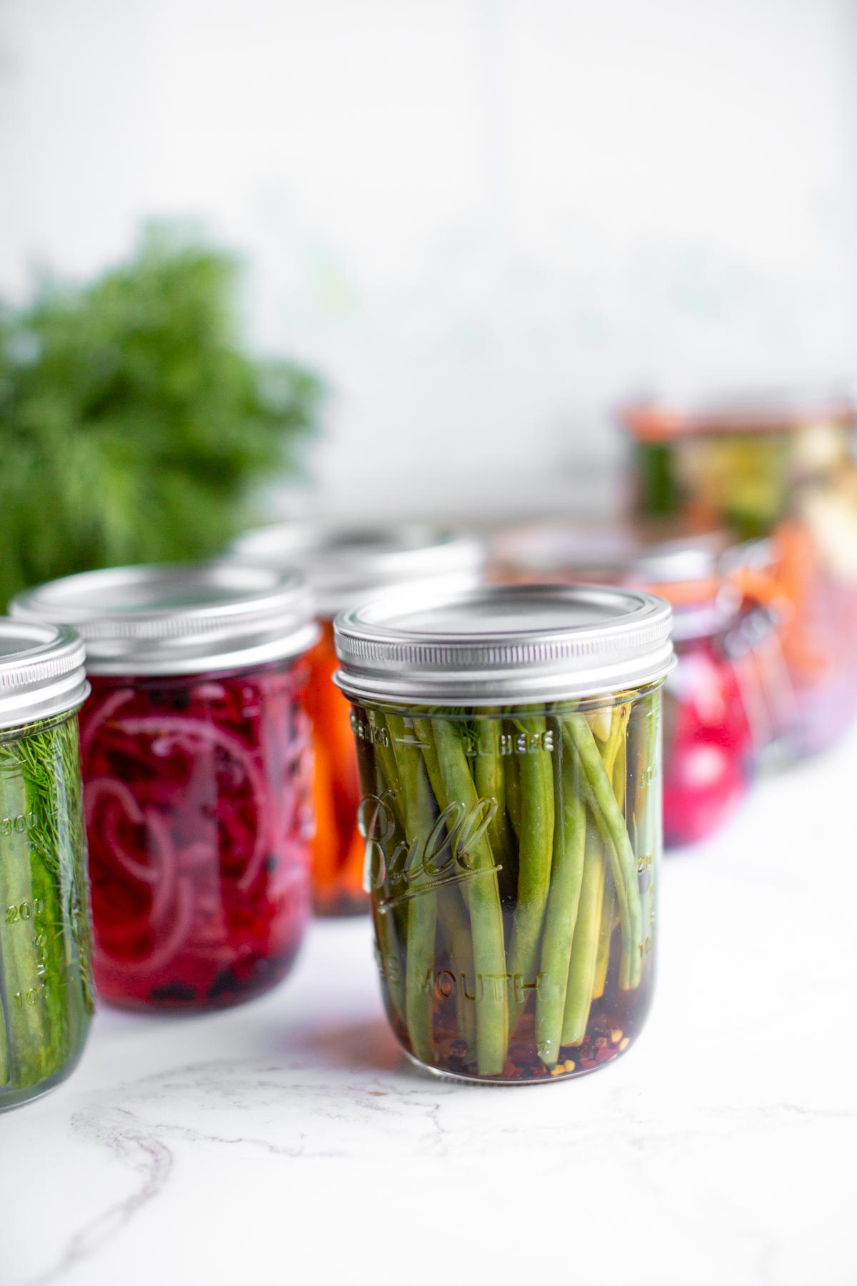 Quick pickled green beans and an assortment of other picked vegetables in jars.