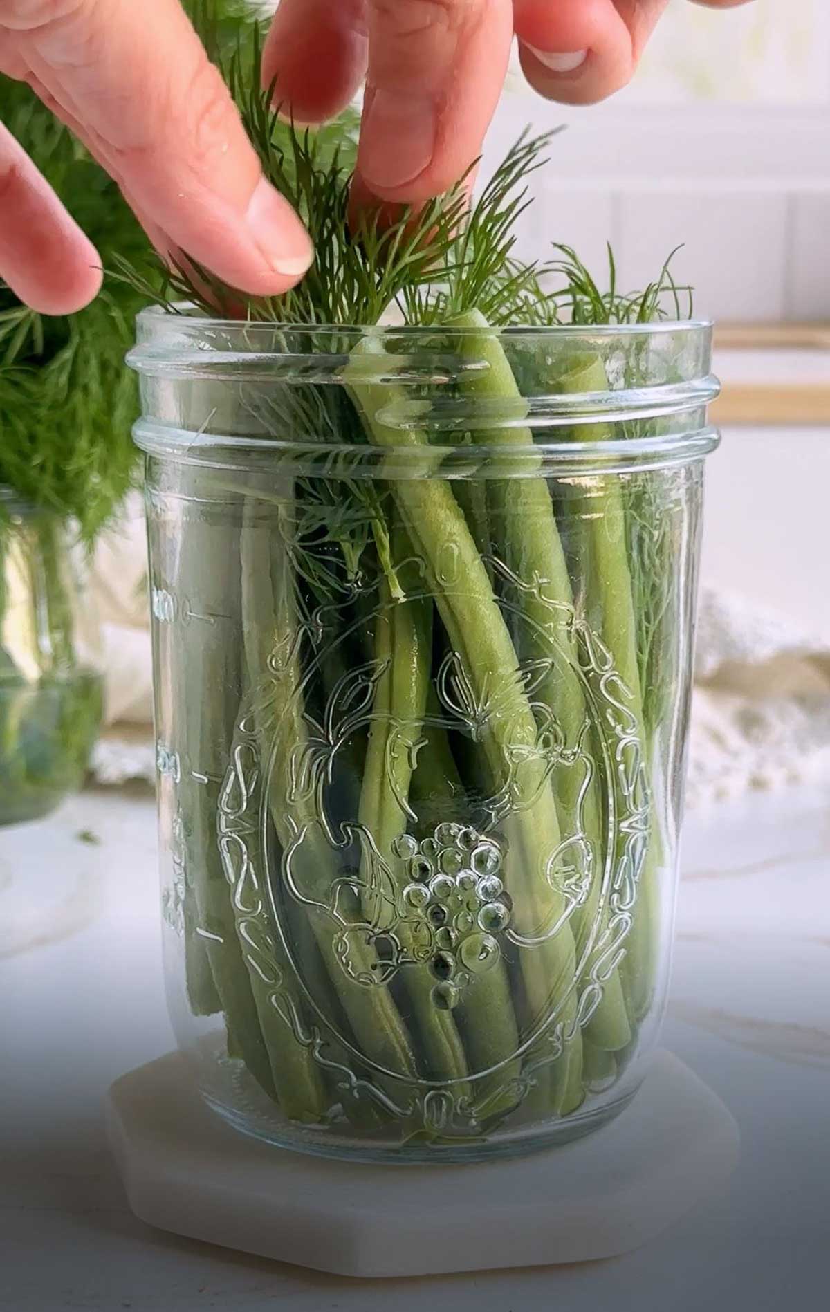 Herbs being packed into a mason jar of green beans.