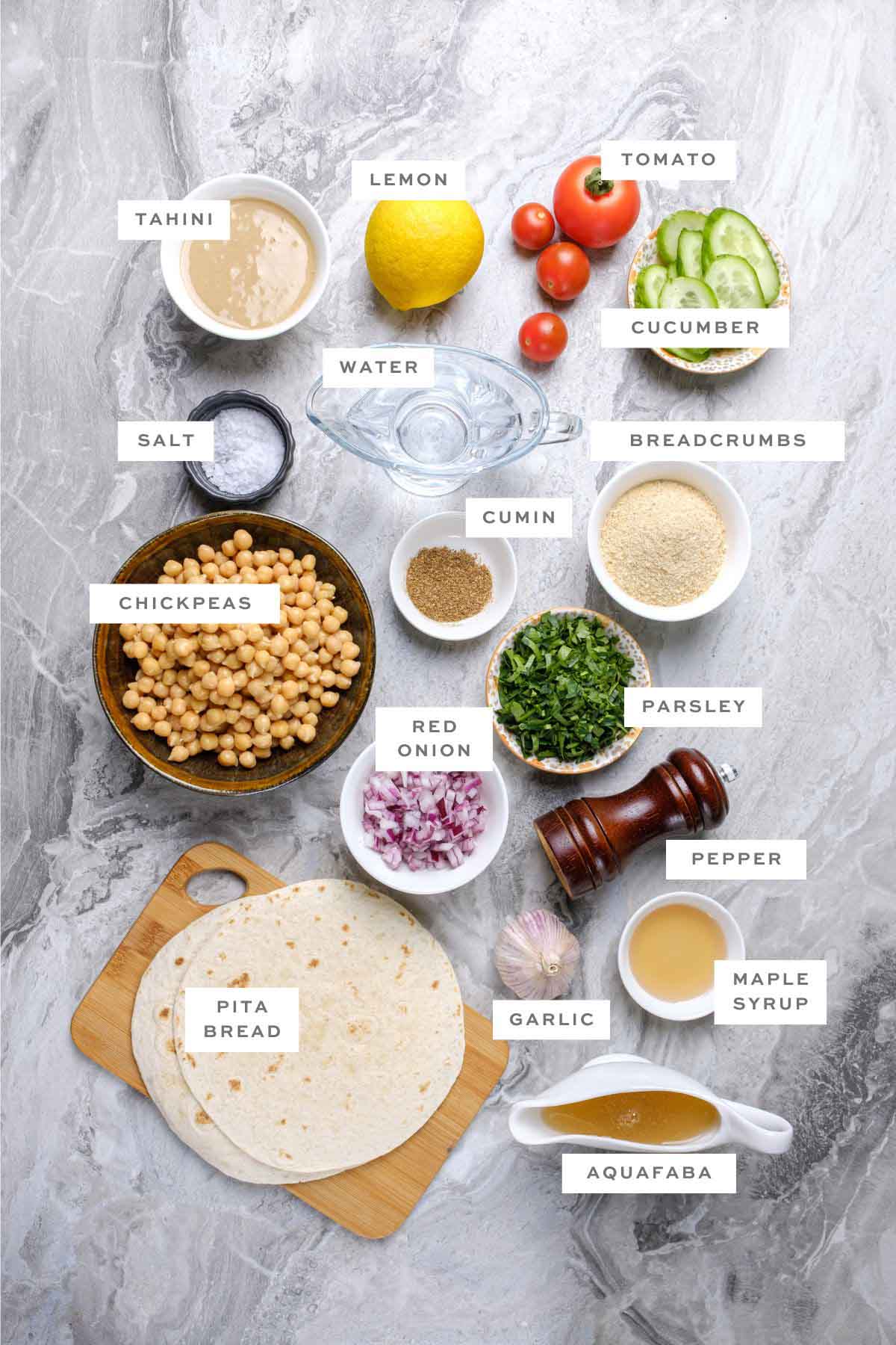 Ingredients for falafel pitas, with labels.