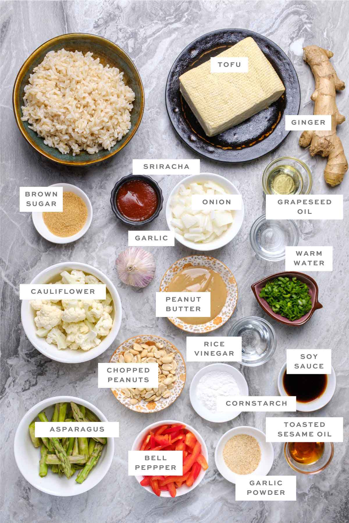 Ingredients for vegan peanut stir-fry, with labels.