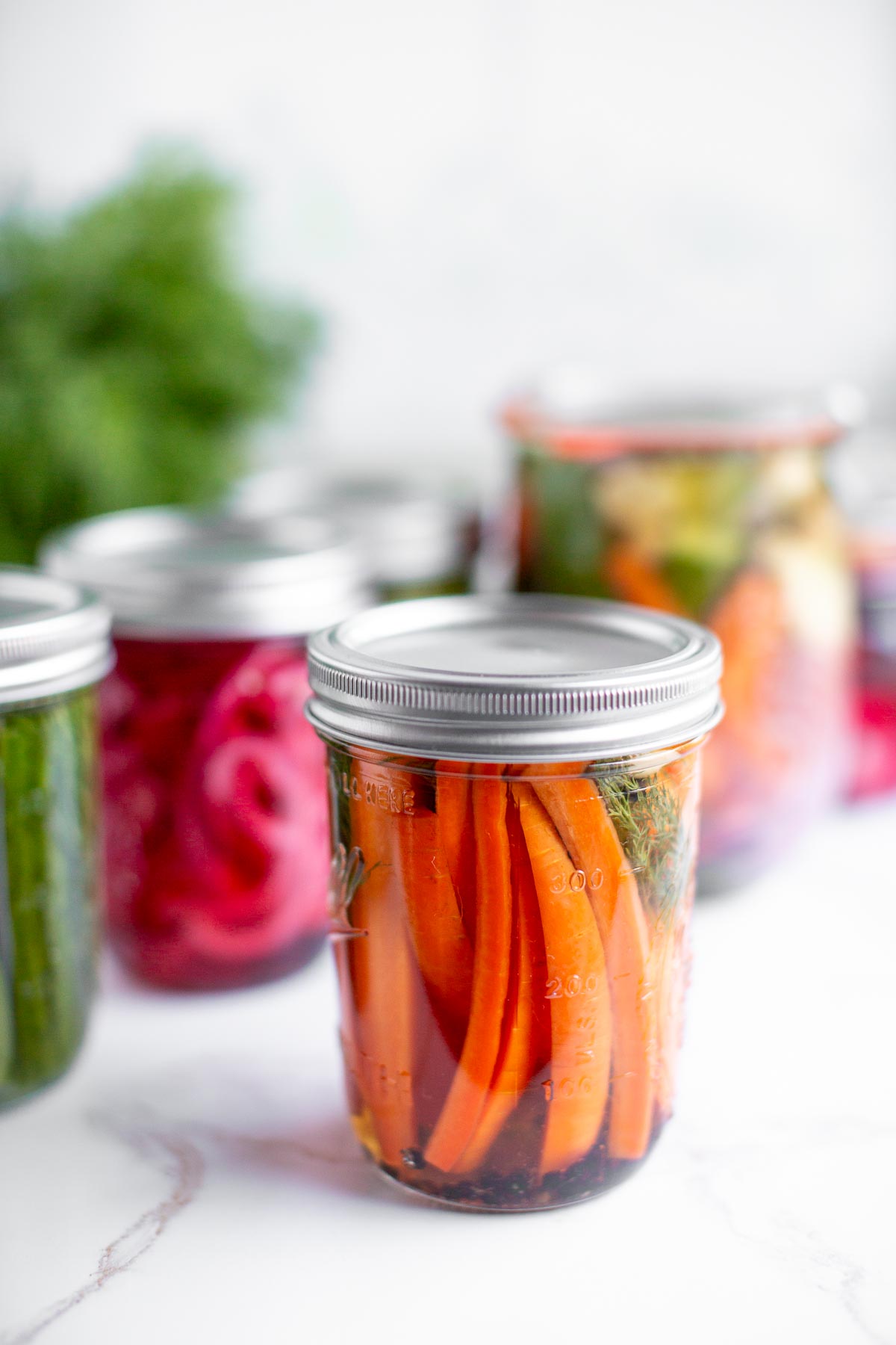 Pickled carrots in a glass jar with various jars of pickled veggies behind it.