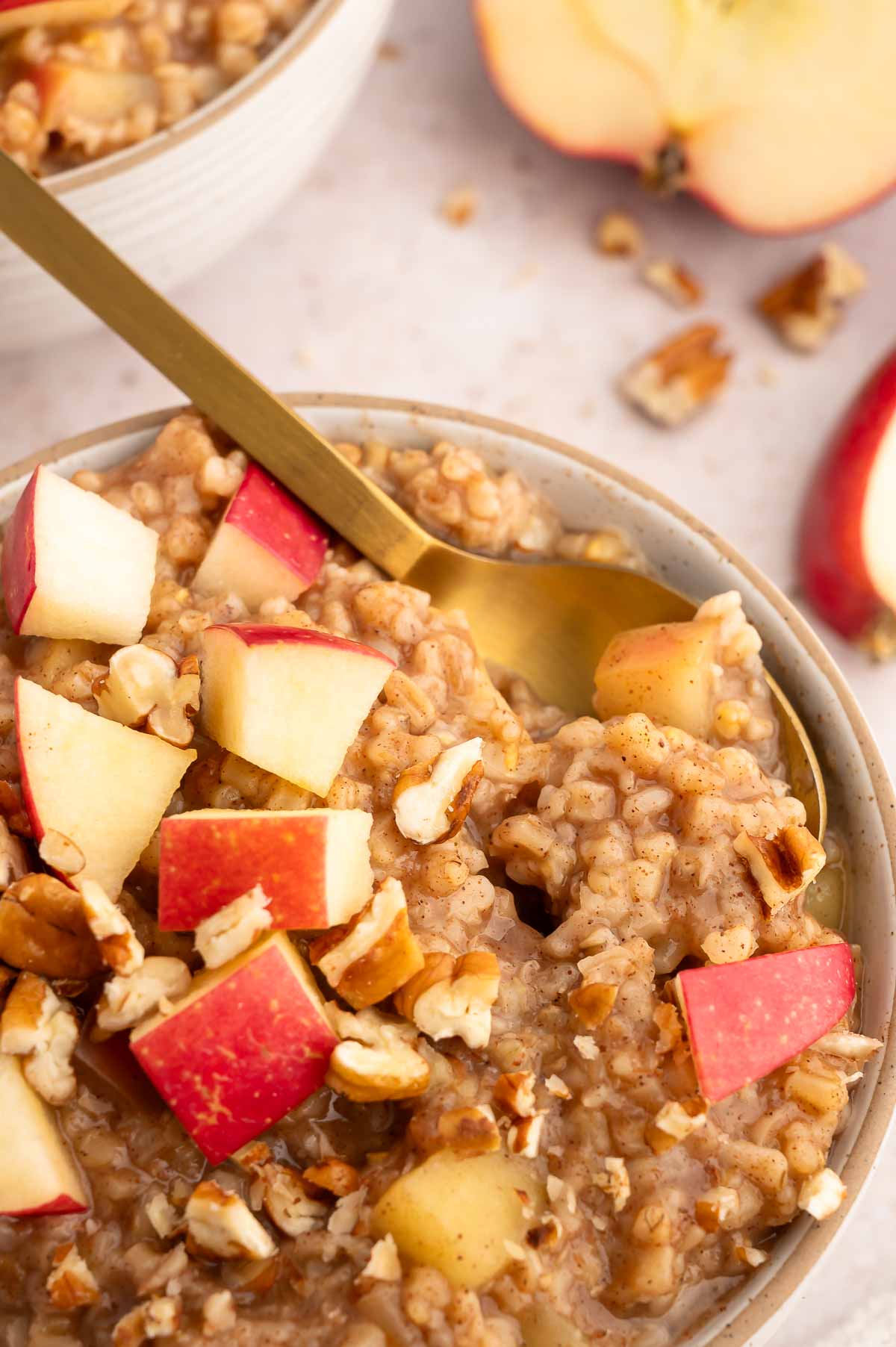 A bowl of apple cinnamon oats with chunks of fresh apples.