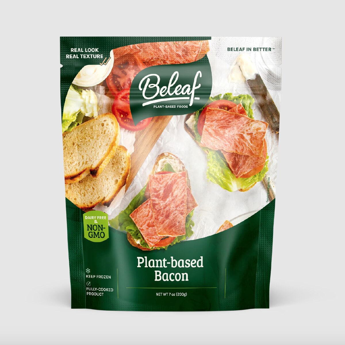 Plant-based bacon by Beleaf in a green package against a gray background.