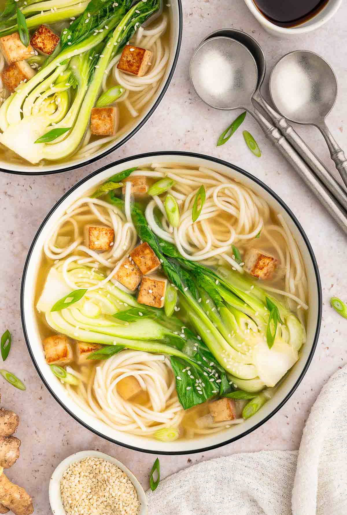 Bok choy soup with noodles.