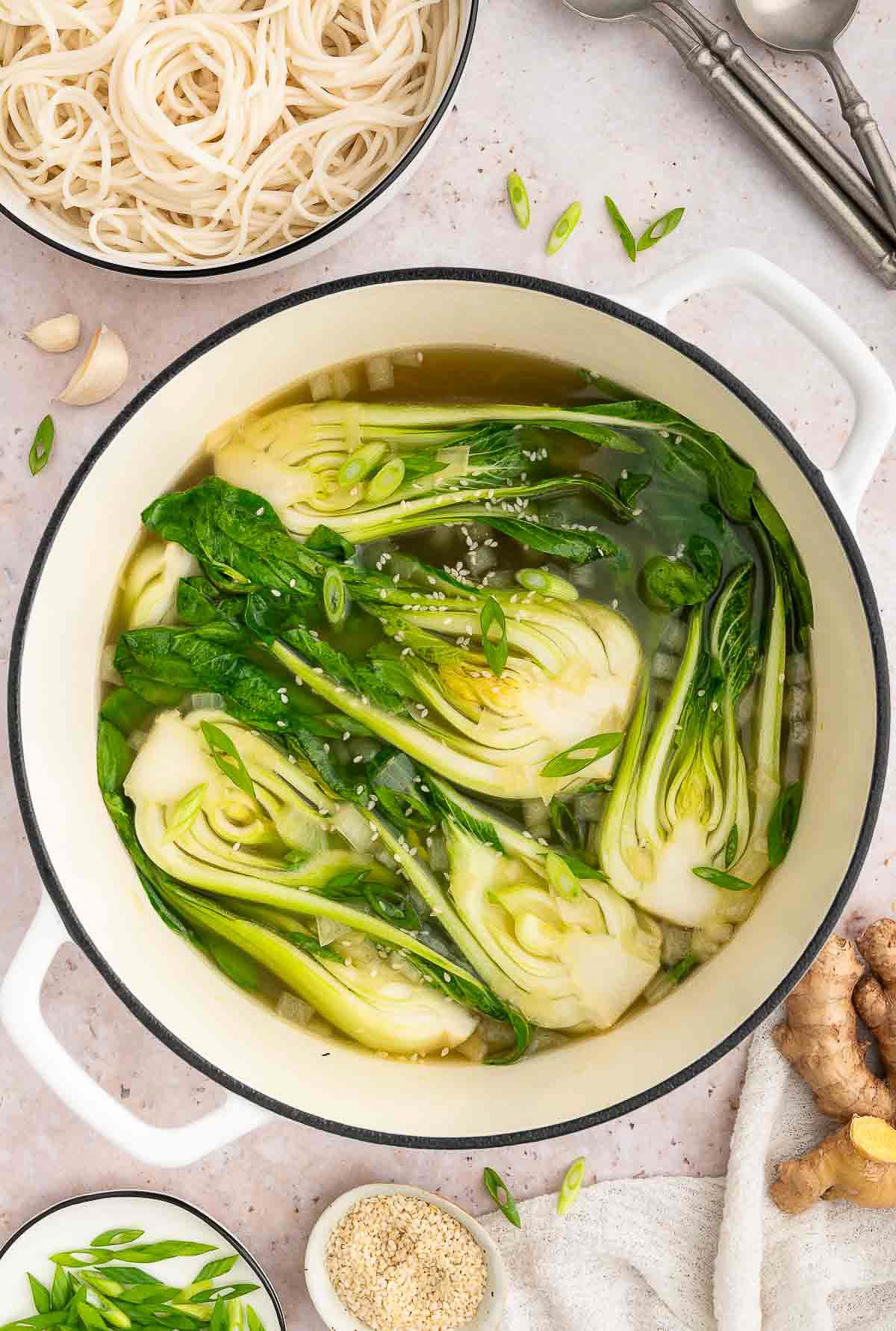 Bok choy simmered in a pot.