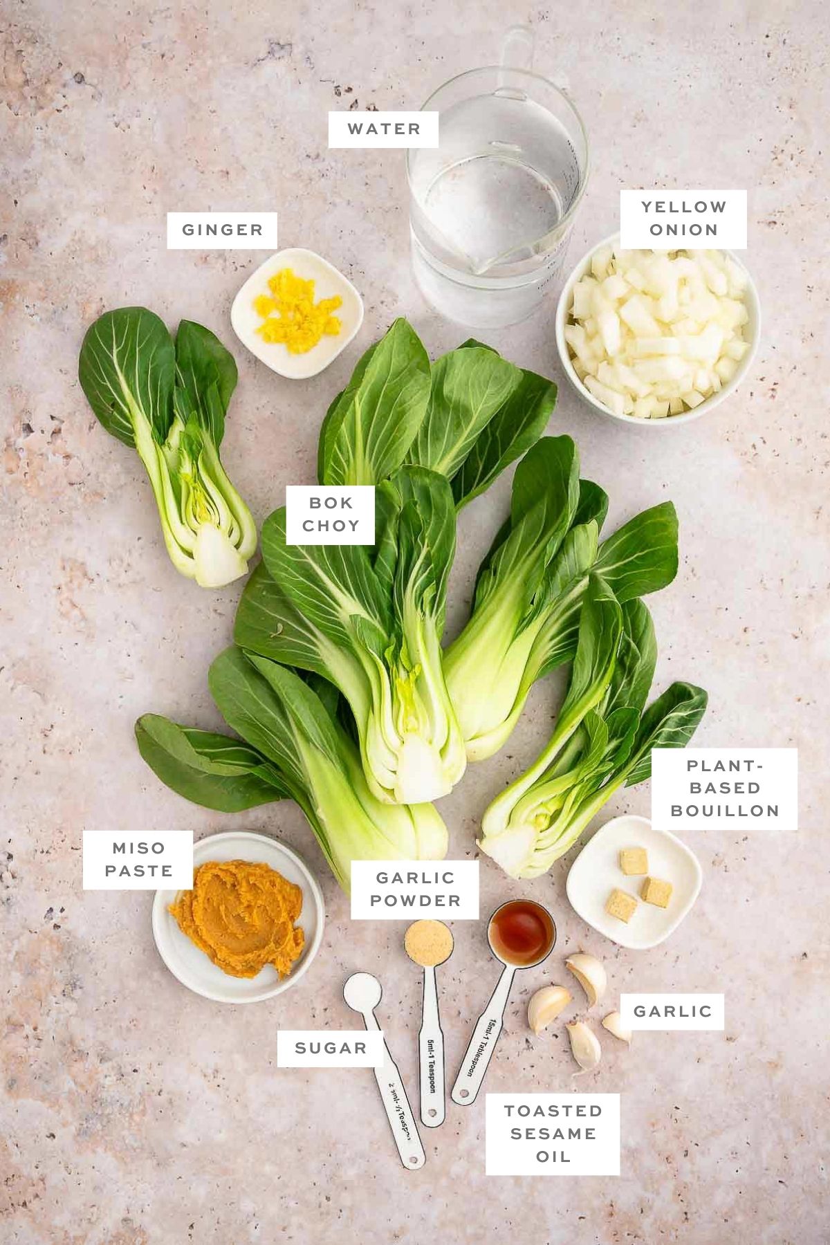 Key ingredients for bok choy soup, with labels.