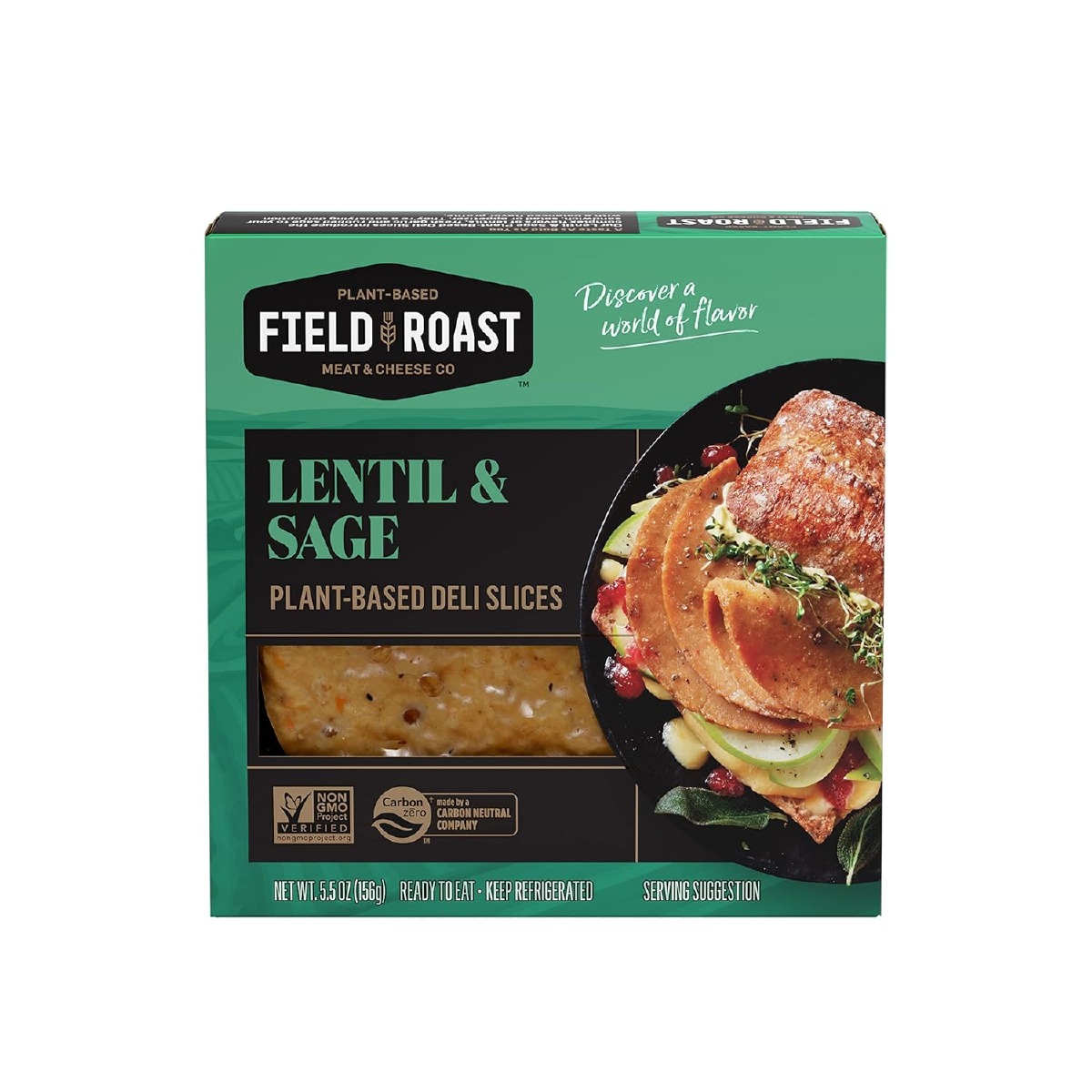 A green and black package of Field Roast Lentil and Sage vegan deli slices against a white background. 