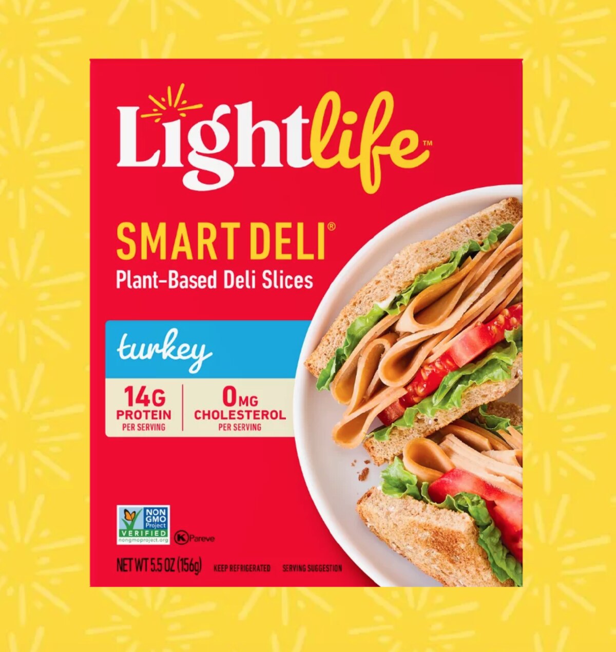 A red box of Lightlife Smart Deli vegan deli slices on a yellow background. 