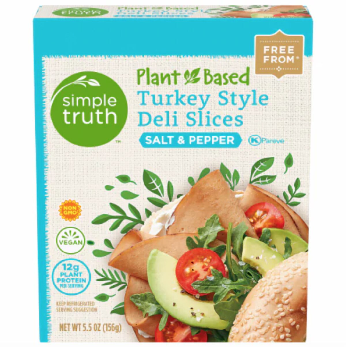 A turquoise and green package of Simple Truth Plant-Based Turkey Style Deli Slices in Salt & Pepper Flavor on a white background.