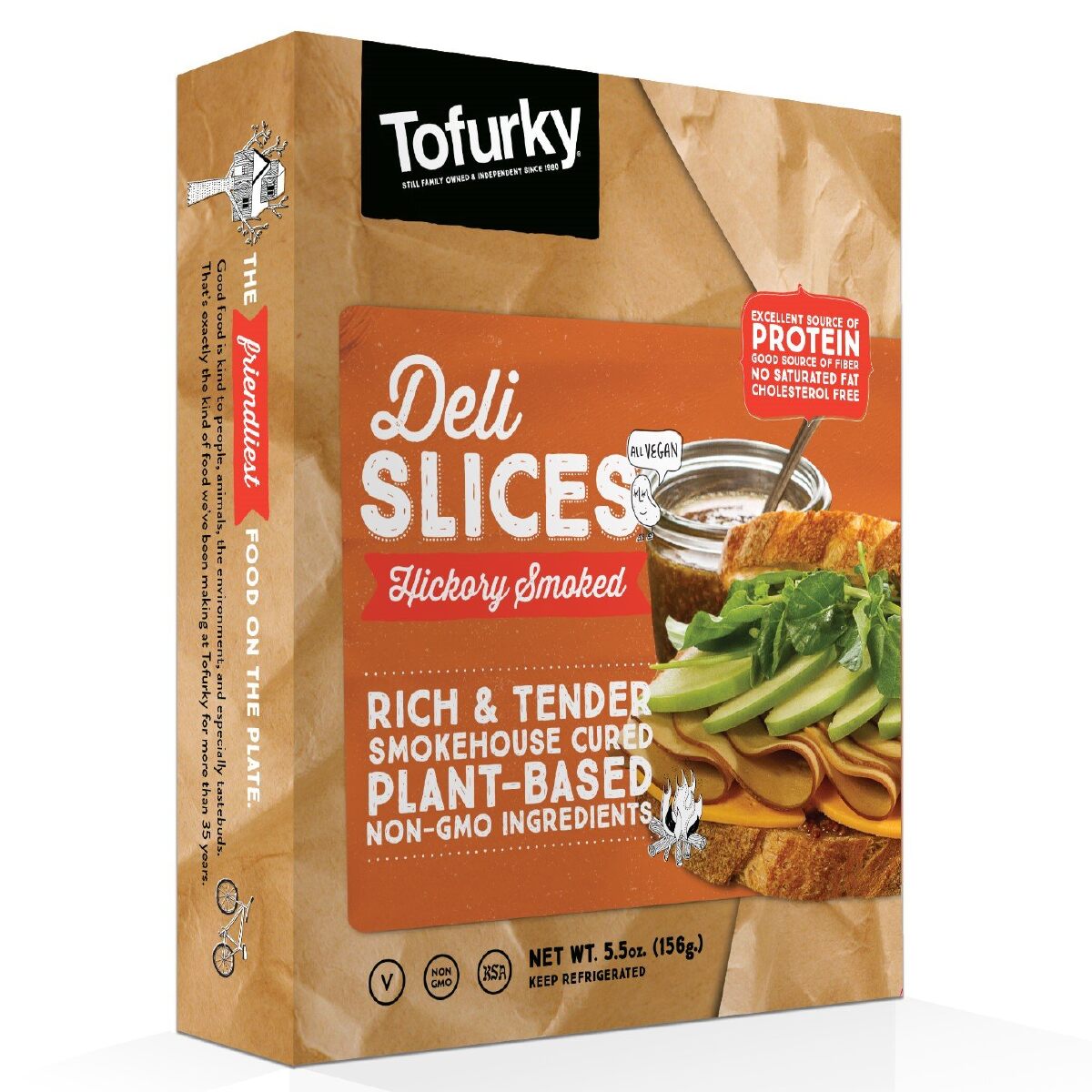 A brown and orange box of Tofurky Deli Slices in Hickory Smoked against a white background.