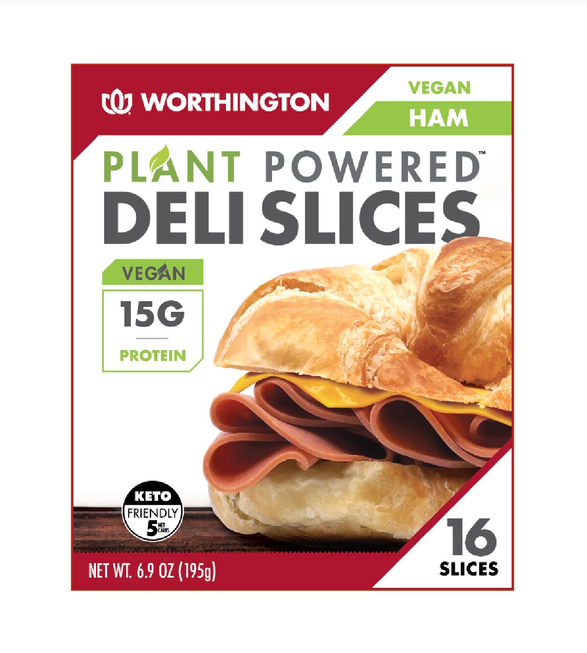 A red and white box of Worthington Plant Powered Deli Slices in Vegan Ham on a white background. 