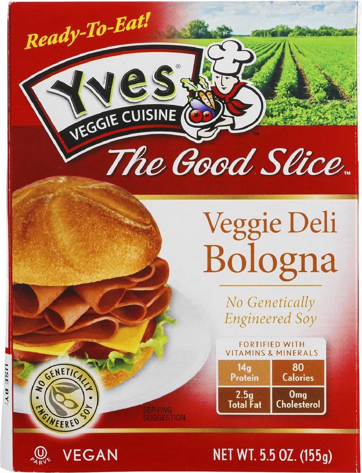 A red and white box of Yves Veggie Cuisine The Good Slice Veggie Deli Bologna.