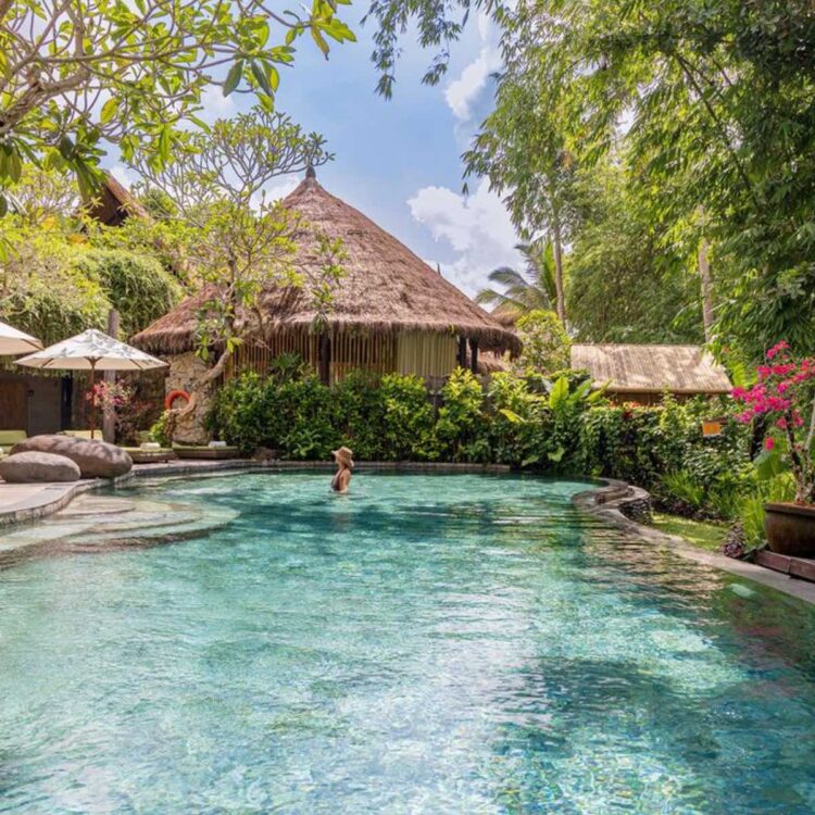 A beautiful vegan resort pool at the Five Elements Retreat eco-resort.