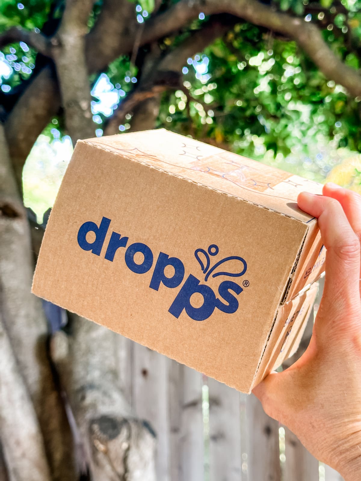 A hand holding up a box of dropps vegan laundry detergent pods.
