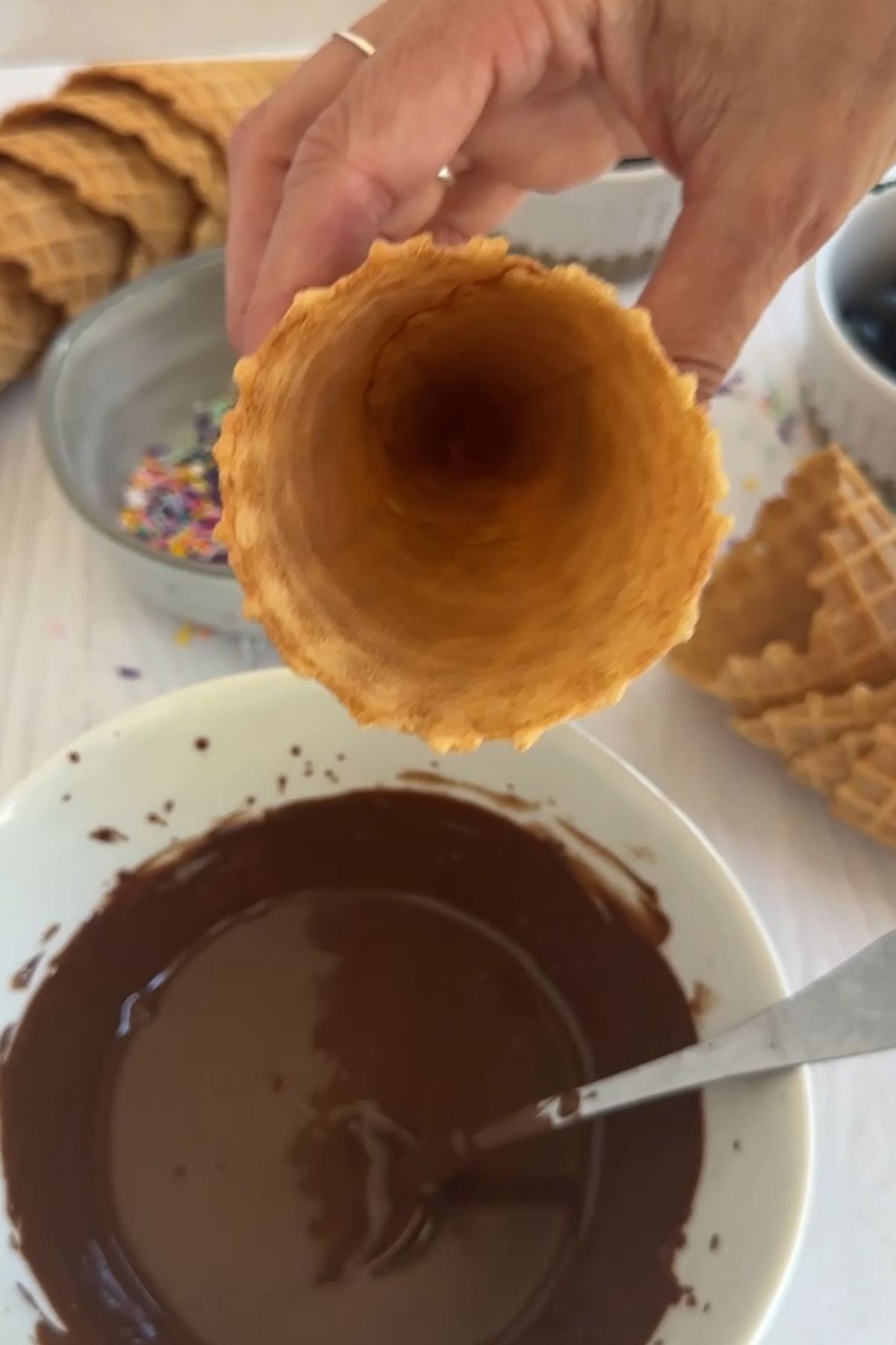 The inside of an ice cream cone.
