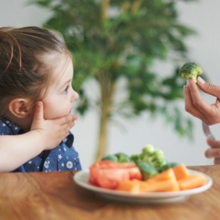 Cute little girl with brown hair sitting at a table with a plate of vegetables and a mom holding up broccoli.