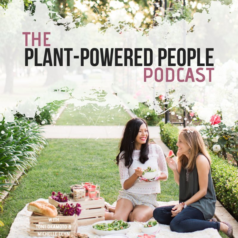 Podcast hosts Michelle Cehn and Toni Okamoto having a vegan picnic for the cover of the Plant-Powered People Podcast.