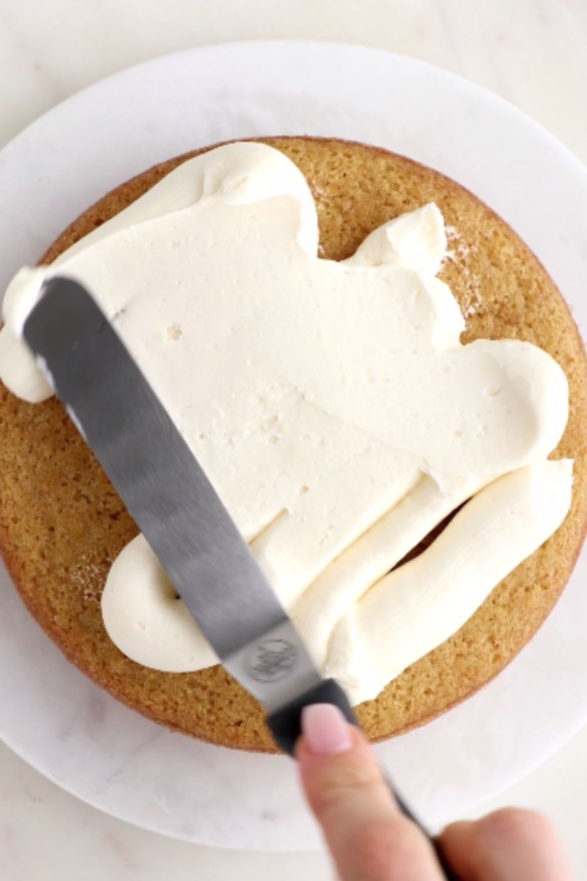 A vegan cake being iced.