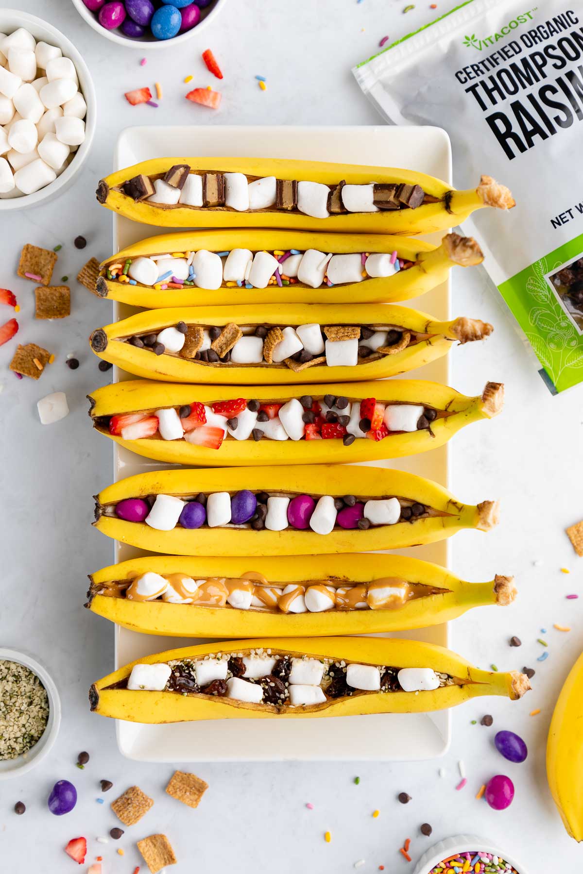 Campfire banana boats, with a variety of stuffing combinations.