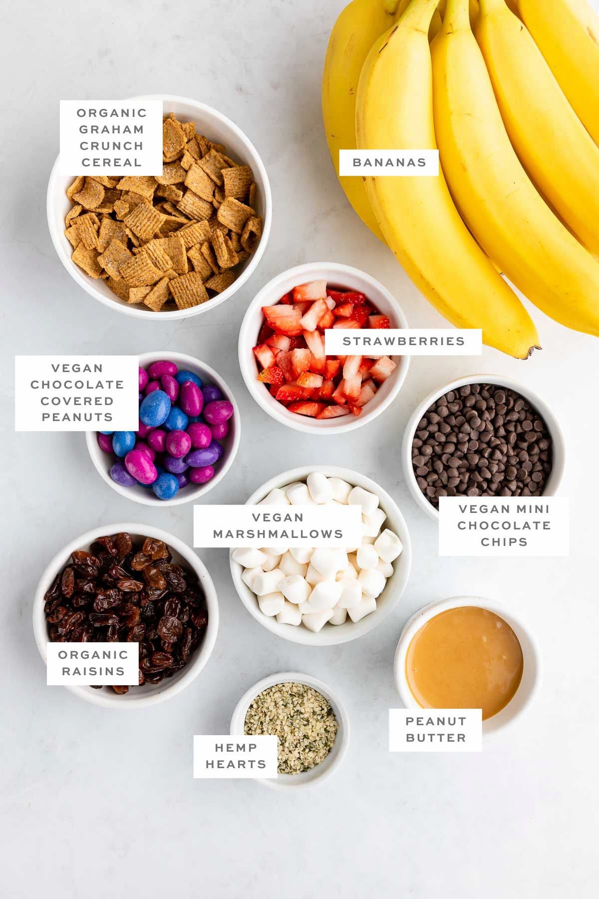 Ingredients for campfire banana boats, with labels.