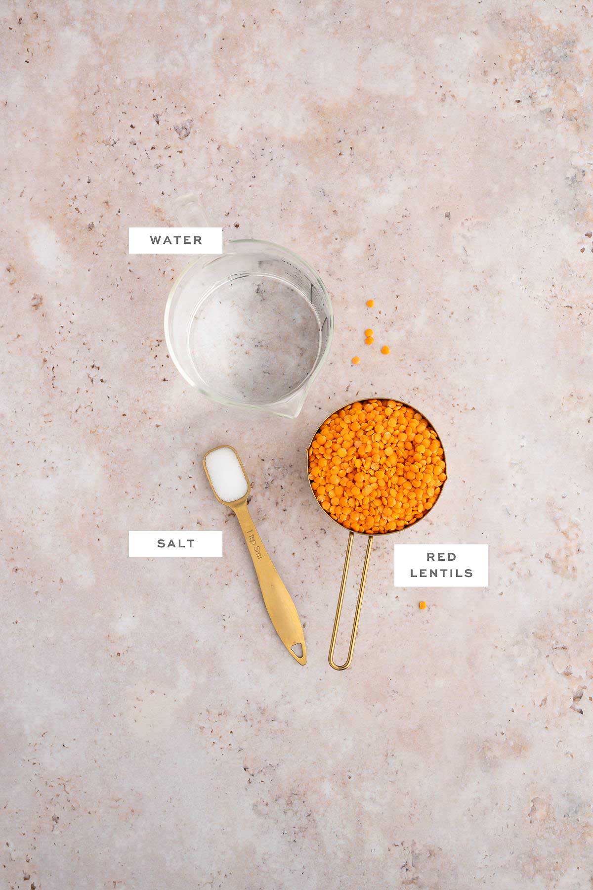 Ingredients for red lentil tofu with labels including water, red lentils, and salt.