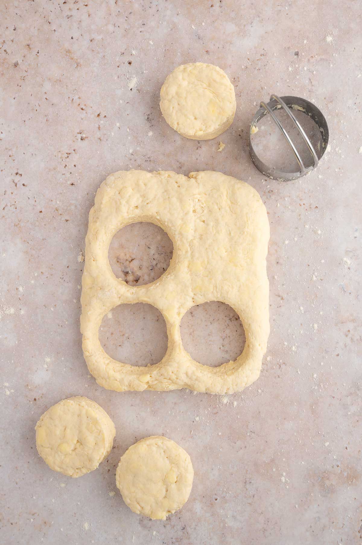 A piece of dough with biscuits cut out of it.