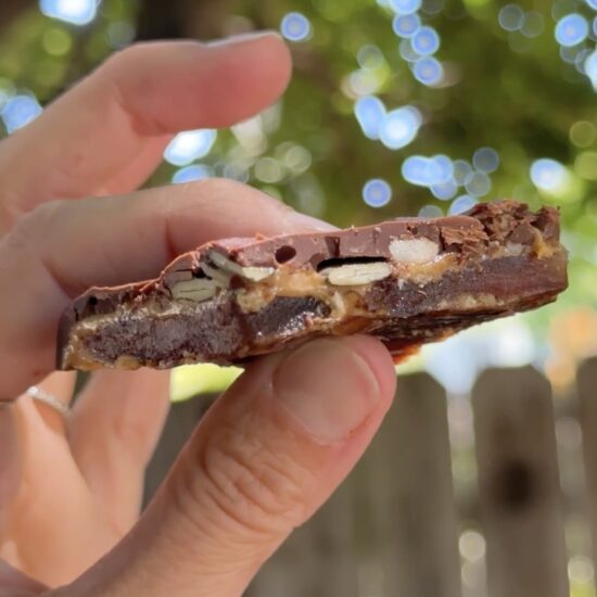 Slice of date bark with chocolate, medjool dates, chopped peanuts, peanut butter, and sea salt.
