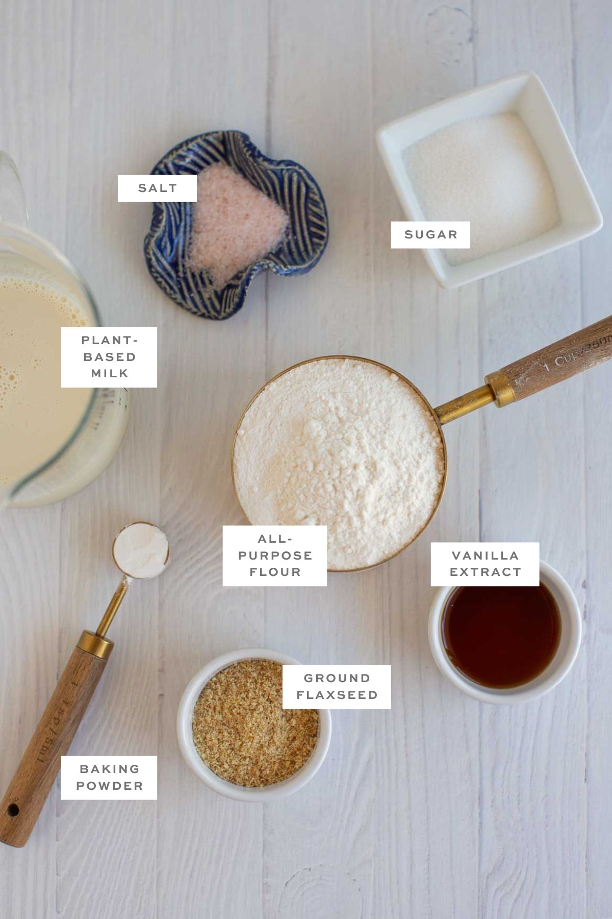 Key ingredients for vegan pancakes, with labels.