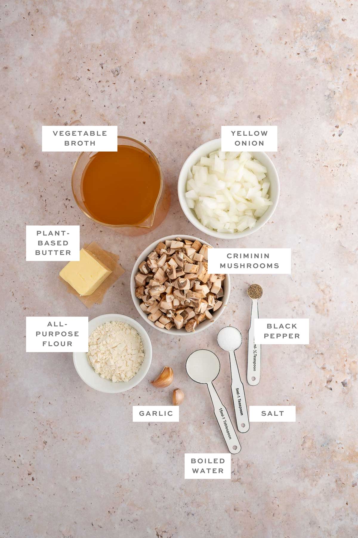 Key ingredients for vegan gravy with labels.