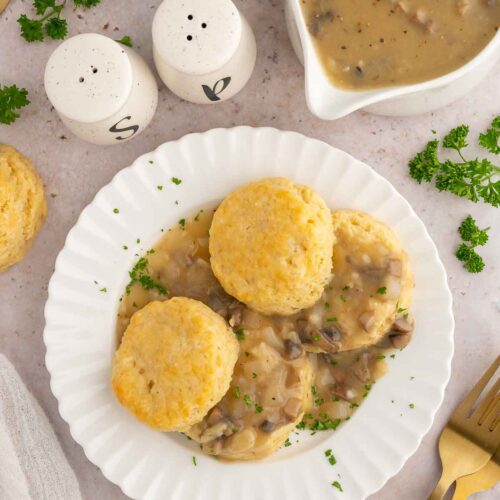 Vegan mushroom gravy with biscuits.