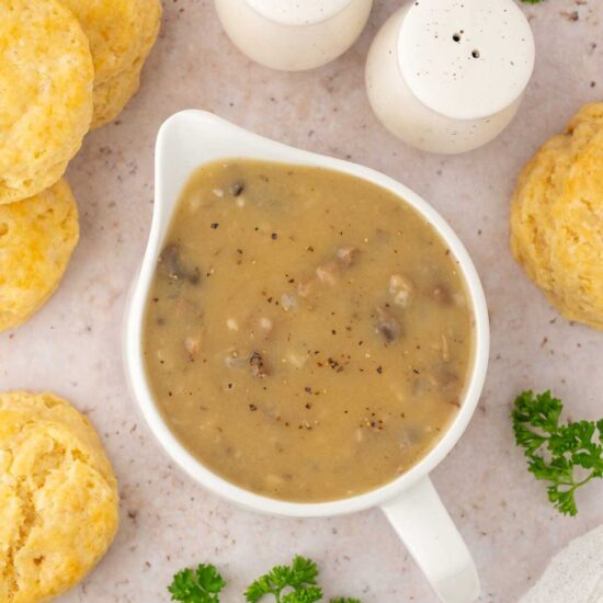 Vegan mushroom gravy in a serving vessel.