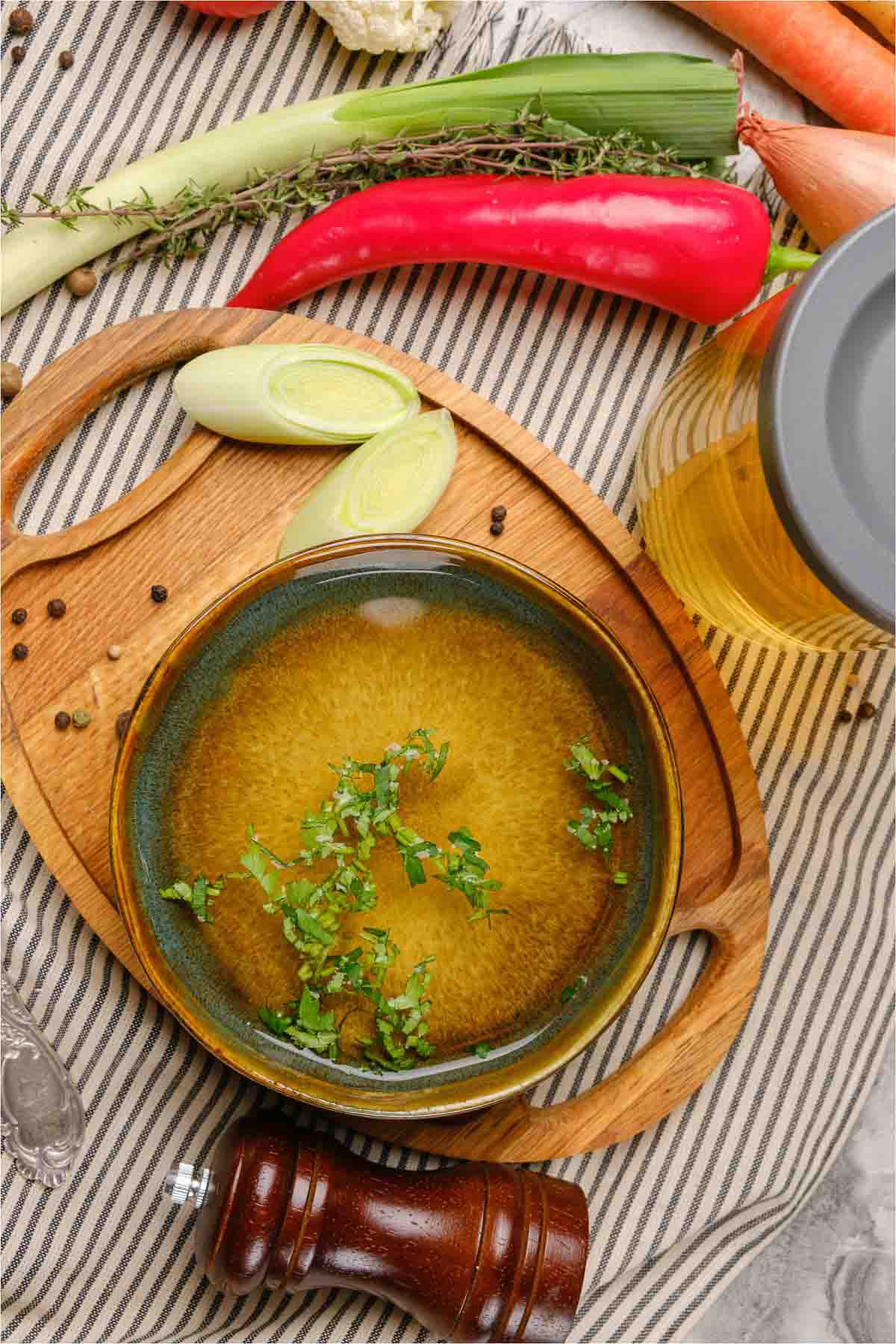 A bowl of homemade vegan broth.