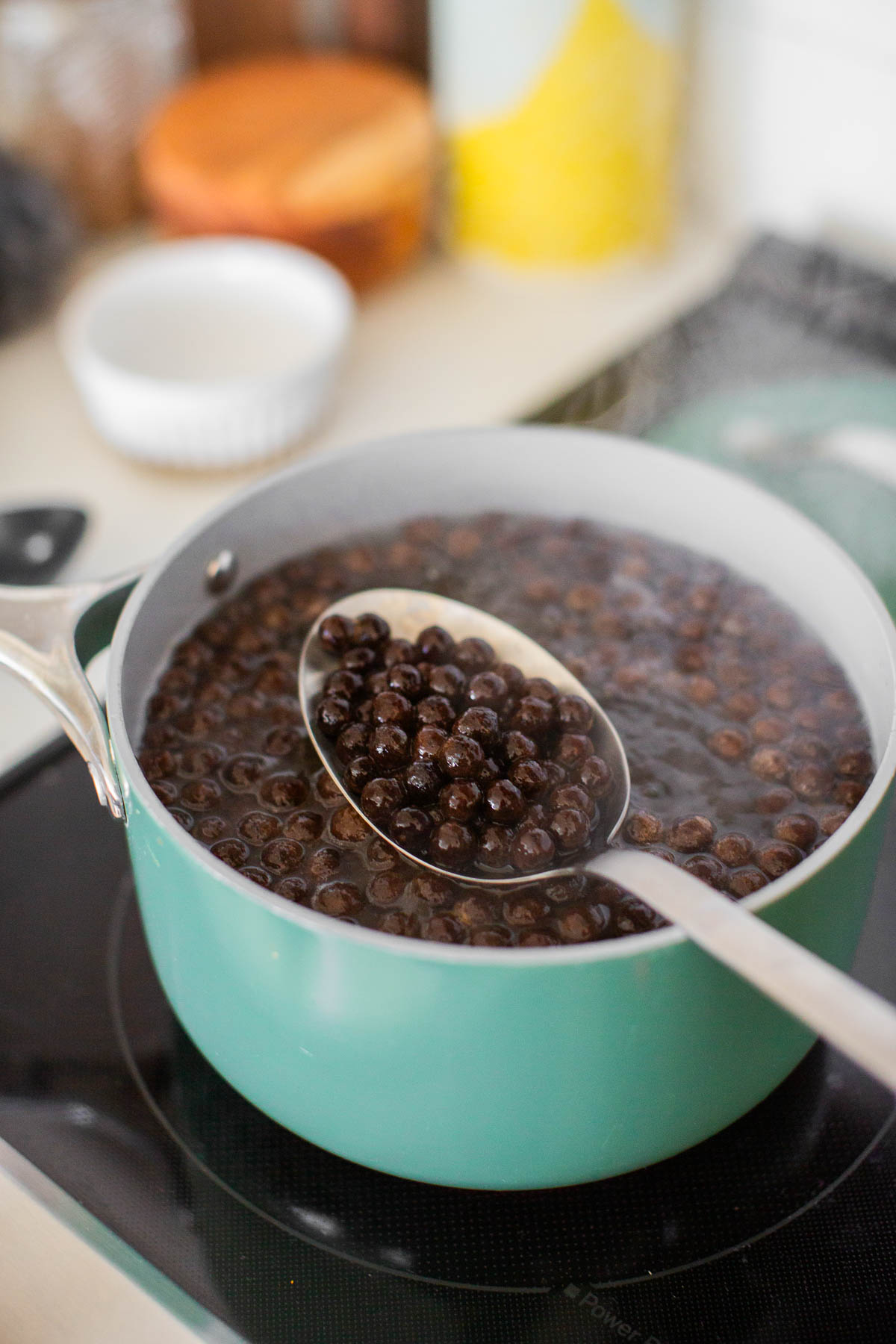 Cooked tapioca pearls in a saucepan.