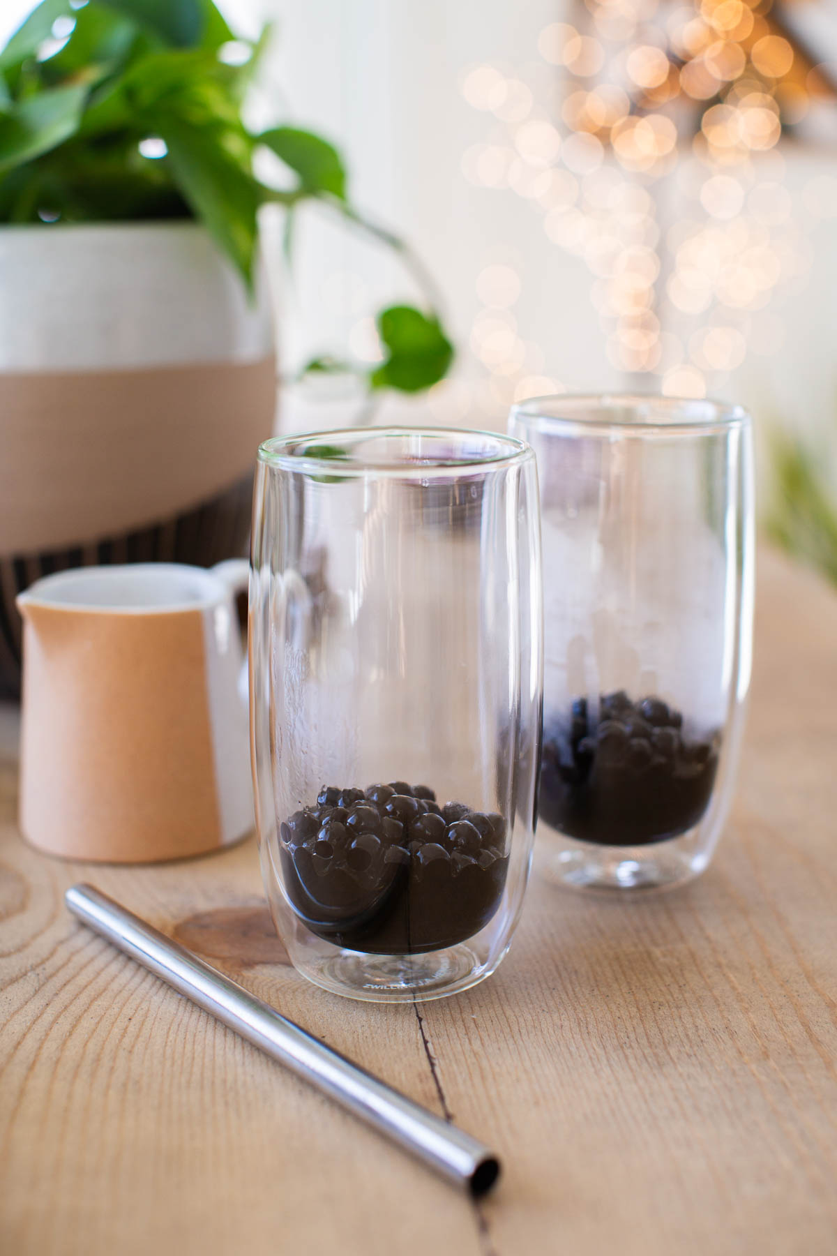 Cooked tapioca pearls in glasses.