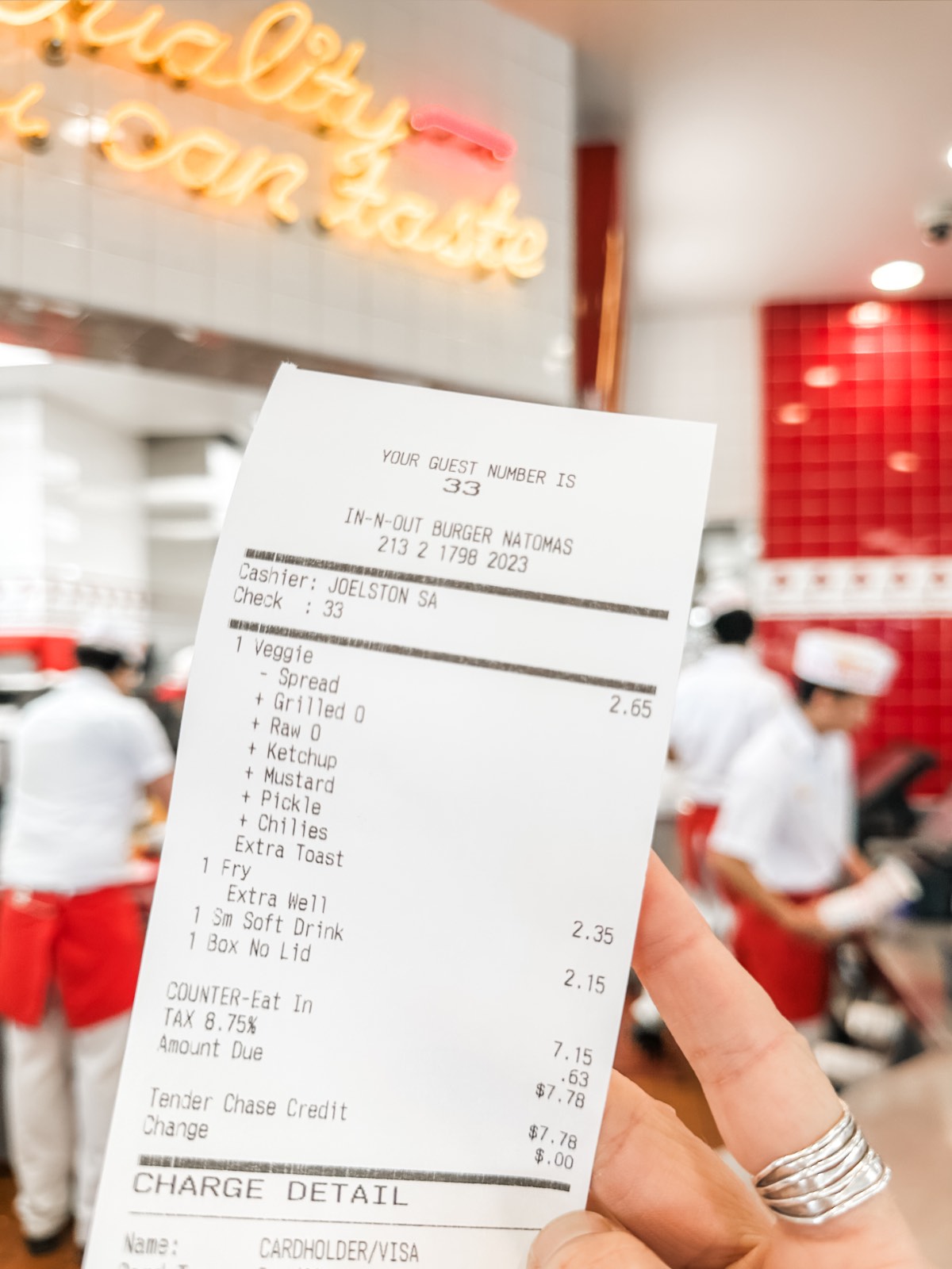 Receipt for a vegan order from In-N-Out burger. 