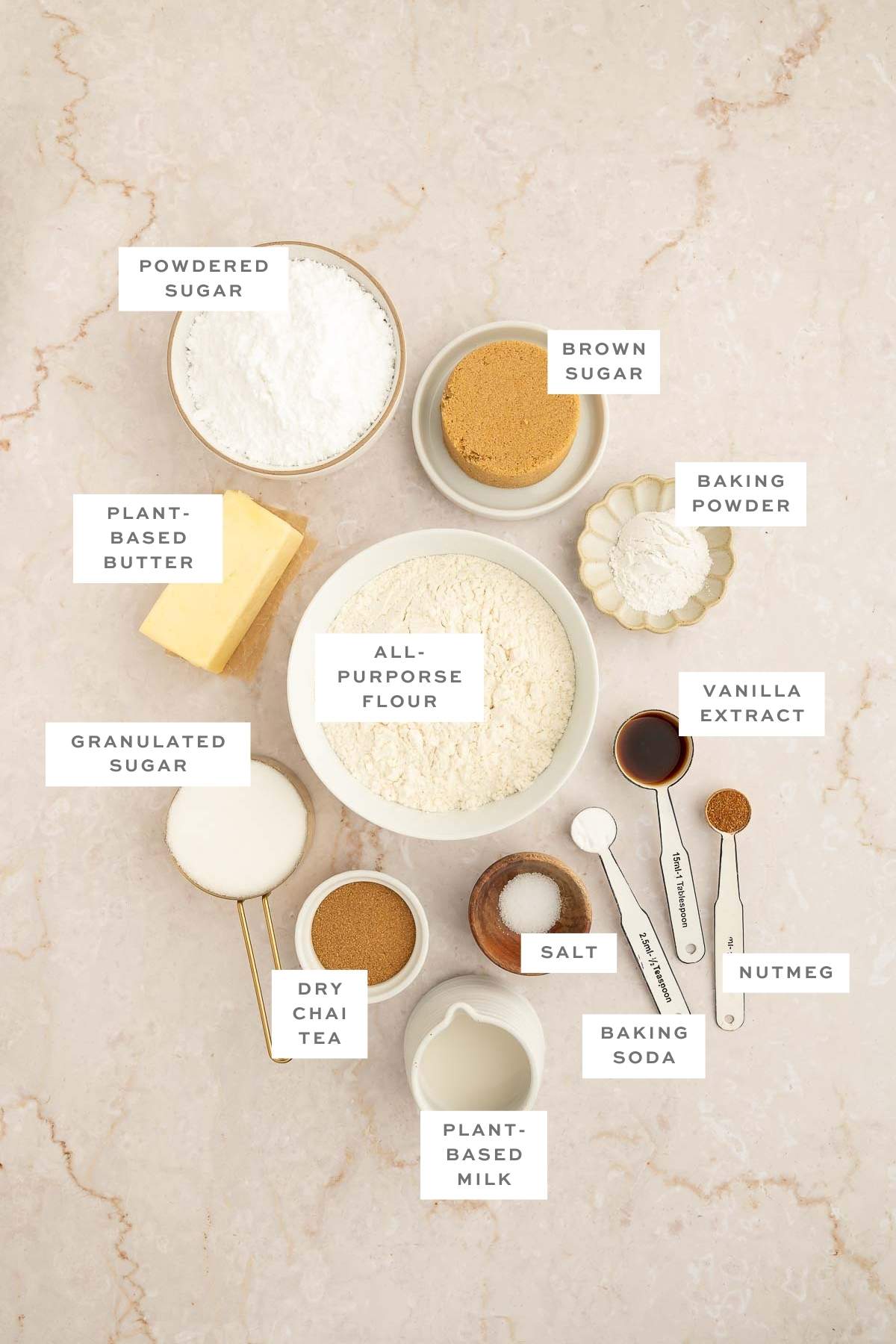Key ingredients for vegan chai cookies, with labels.