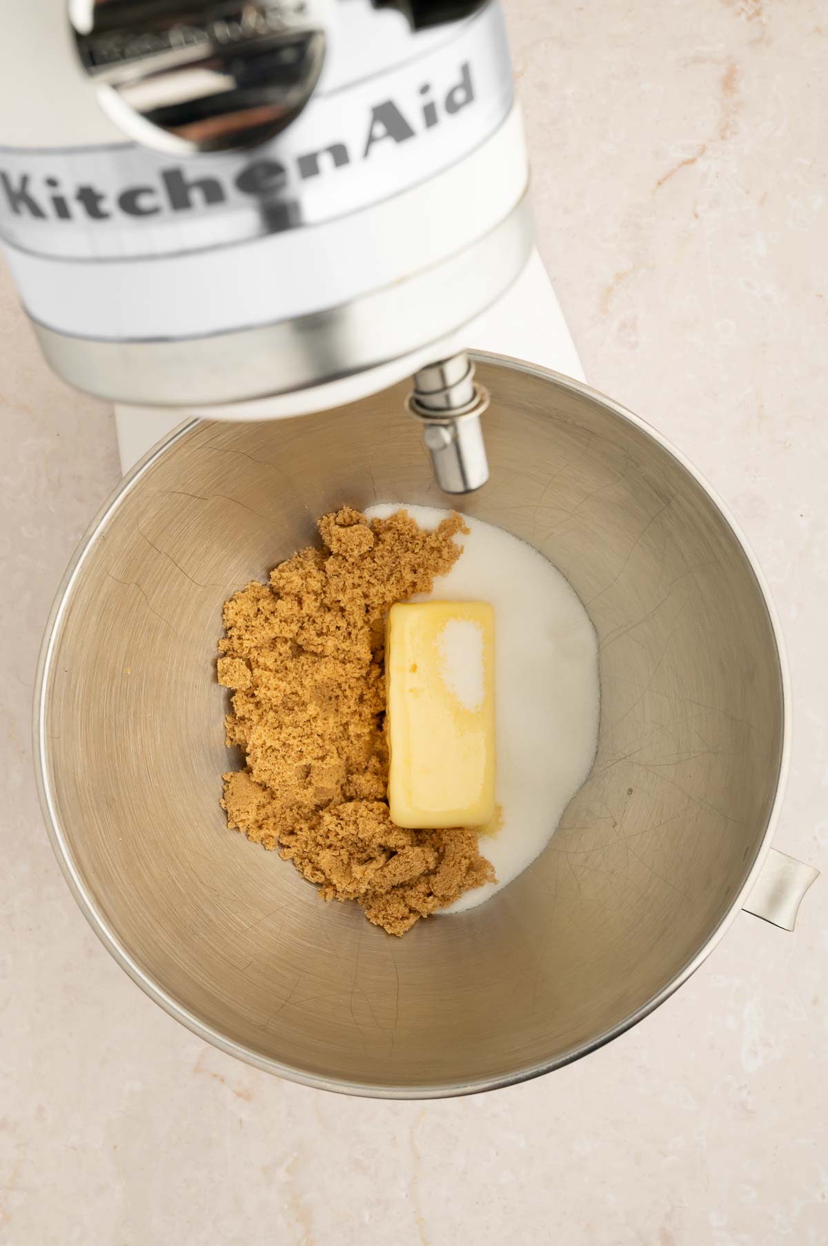 Ingredients for vegan chai cookie dough in a stand mixer.
