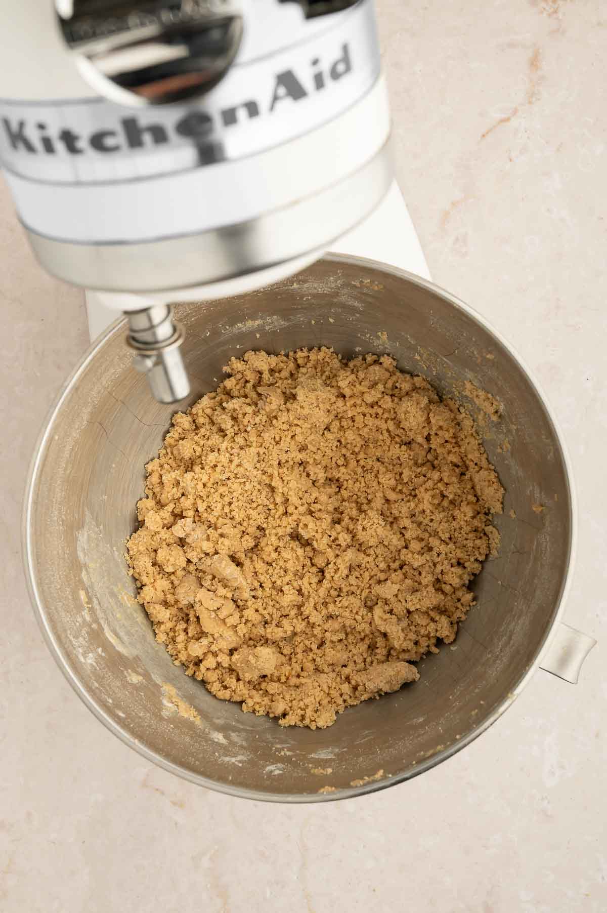 Vegan chai cookie dough in a stand mixer.